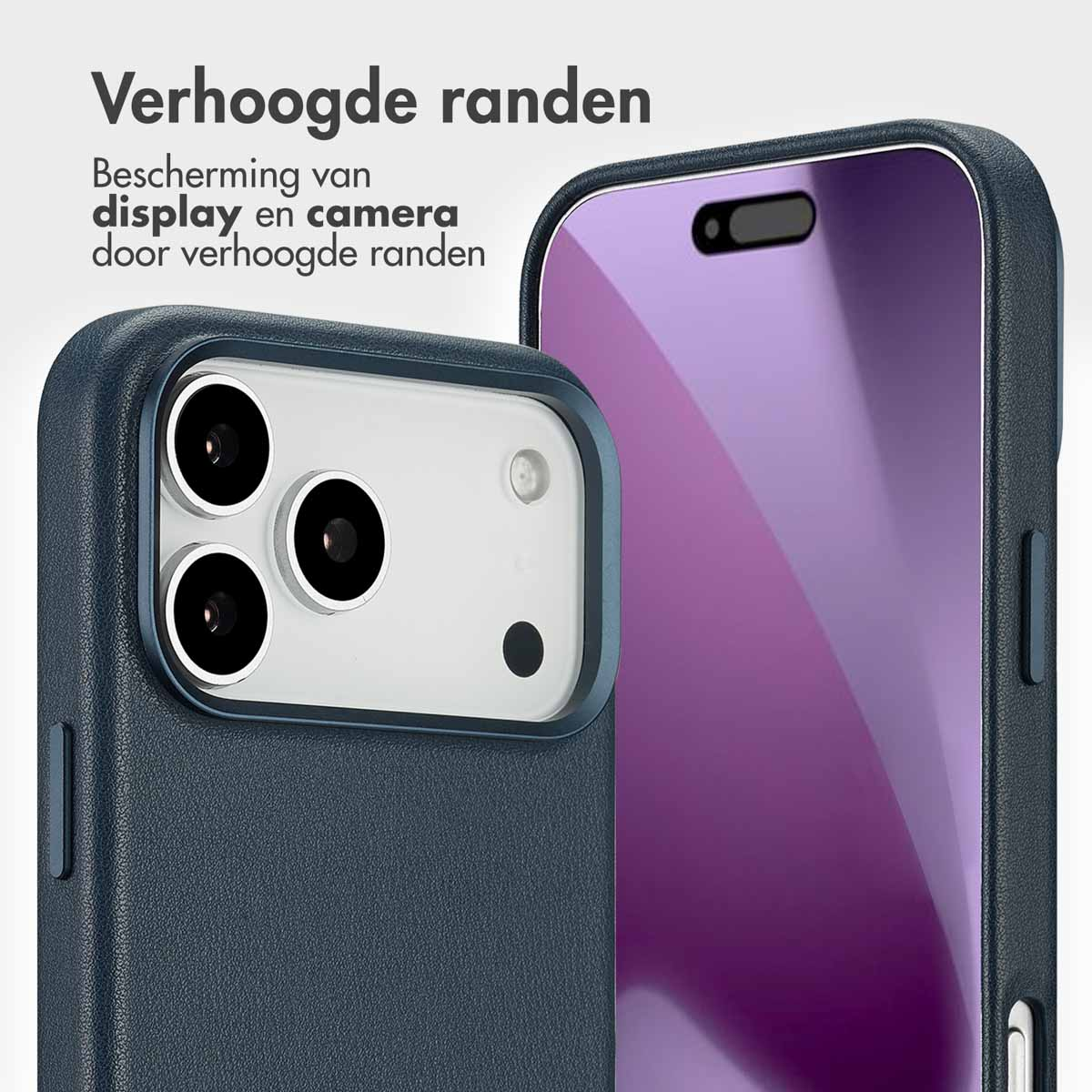 Close-up van een telefoonhoesje met verhoogde randen. Tekst: bescherming van display en camera door verhoogde randen.