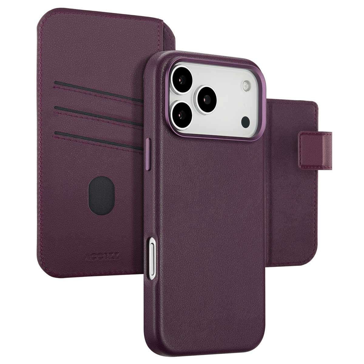 Un étui de téléphone violet avec un design de portefeuille. Il est ouvert, révélant le téléphone et des fentes pour cartes. L'étui a une fermeture magnétique.