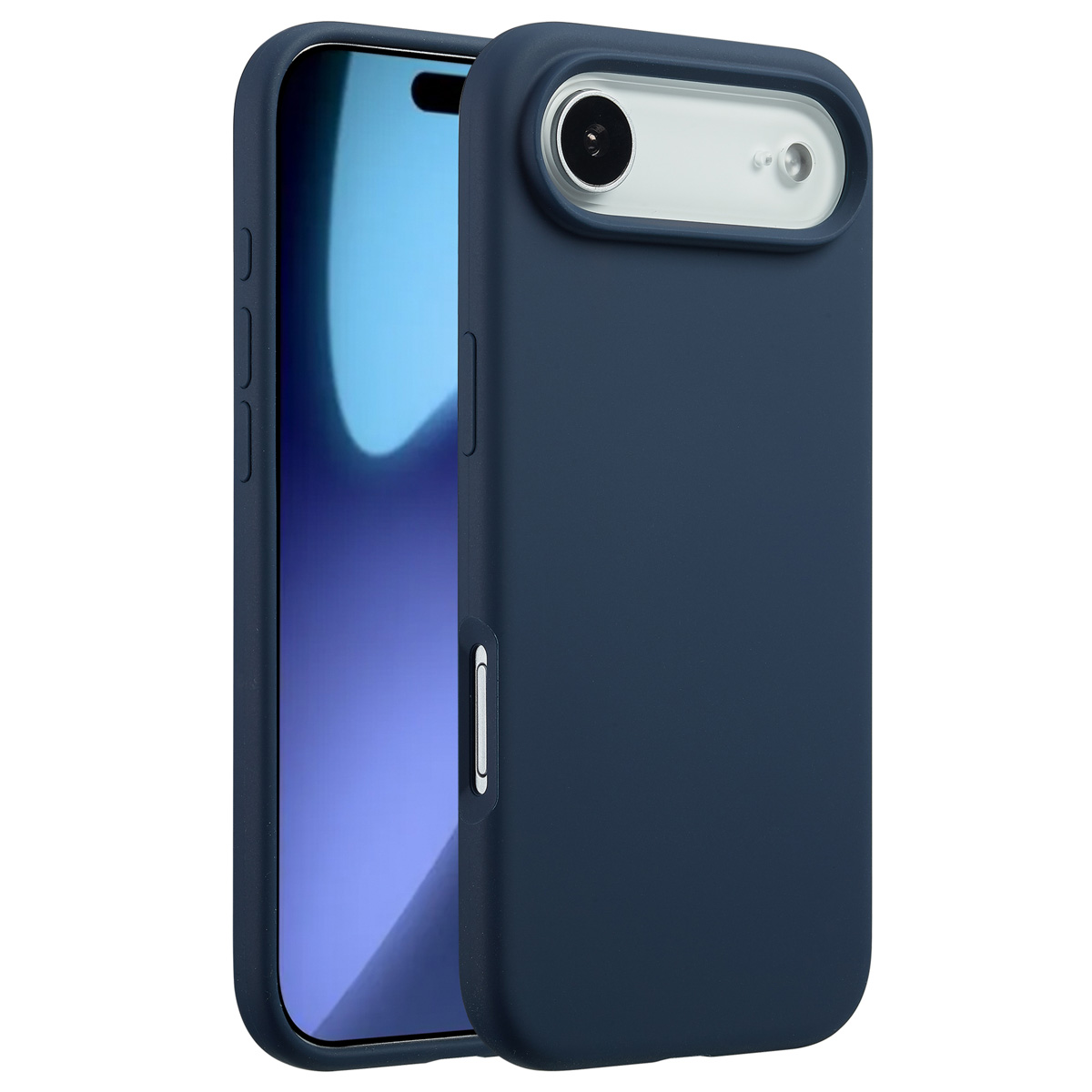 Une coque de téléphone bleu foncé avec une découpe pour la caméra, couvrant partiellement un smartphone à écran bleu. Boutons visibles.