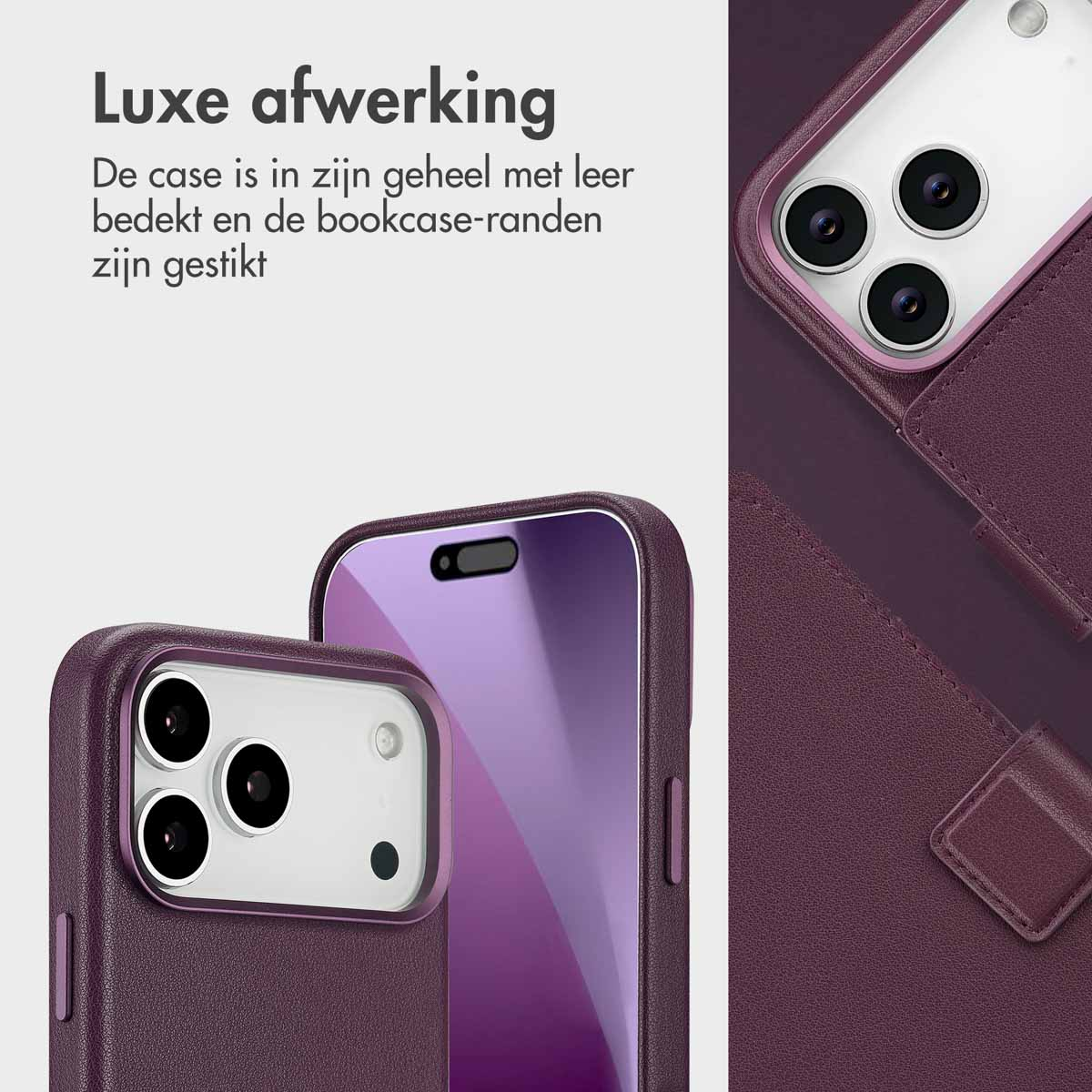 Gros plan de deux étuis de téléphone violets. L'un est ouvert, révélant la caméra du téléphone. L'autre est fermé.