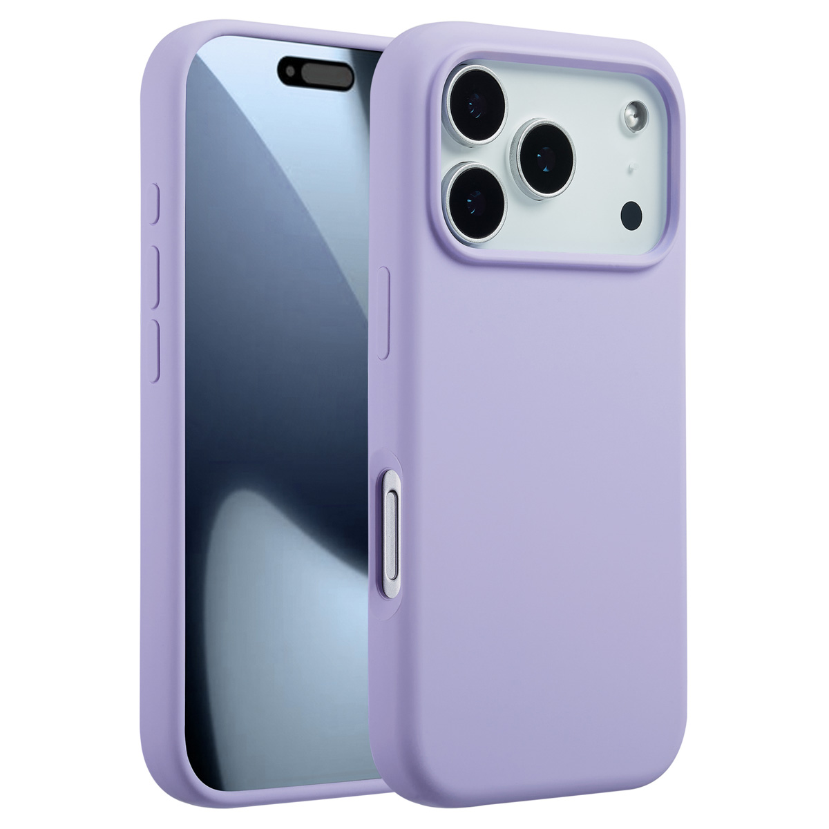 Une coque de téléphone violette et un téléphone sur fond blanc. Le téléphone a un écran en verre et trois lentilles de caméra.