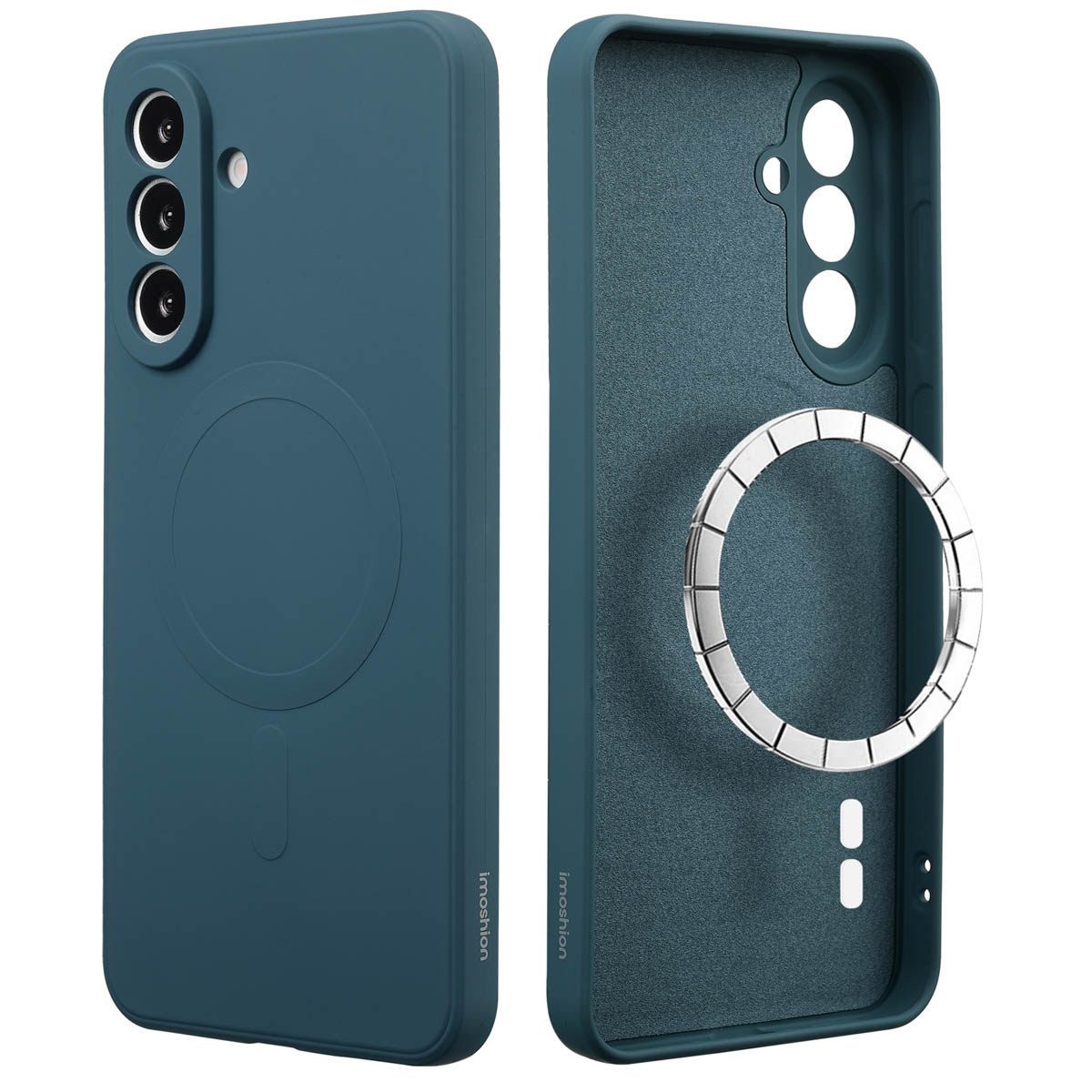 Teal telefoonhoesje met MagSafe ring. De voorkant toont een cameralay-out. De binnenkant toont de ring en de camera-uitsparingen.