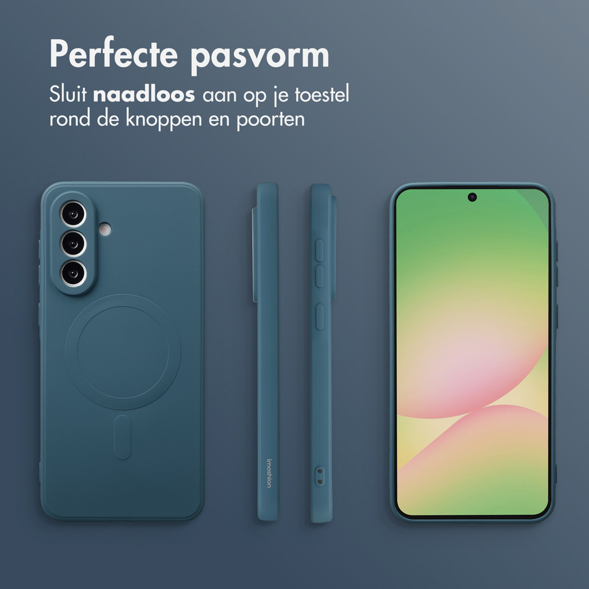 Een telefoonhoesje en een telefoonscherm worden weergegeven, met de tekst 'Perfecte pasvorm'. De case is teal, het scherm toont een kleurrijke achtergrond.