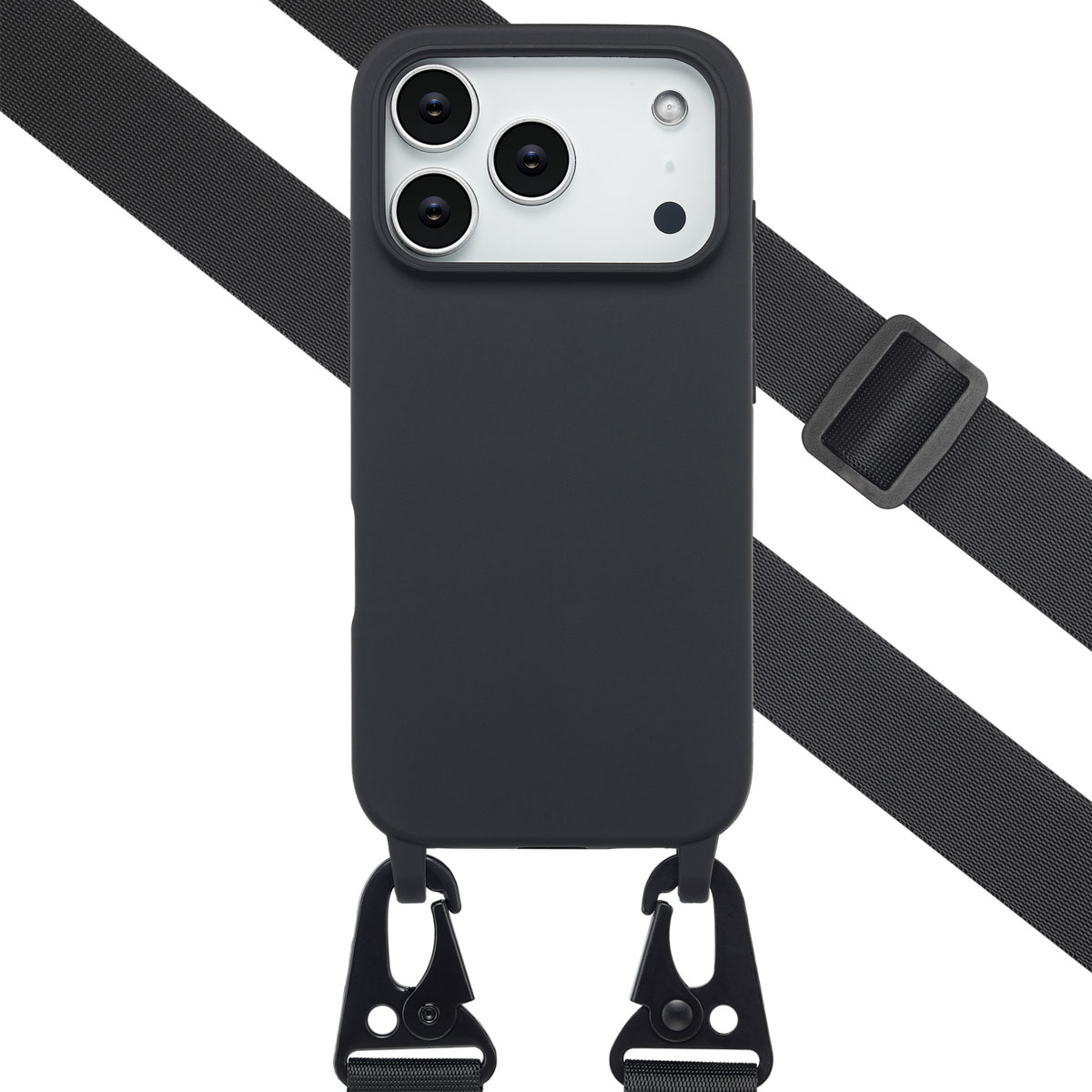 Zwarte telefoonhoes met cameralenzen en een zwarte band. Twee zwarte haken aan de onderkant, met een band erover.