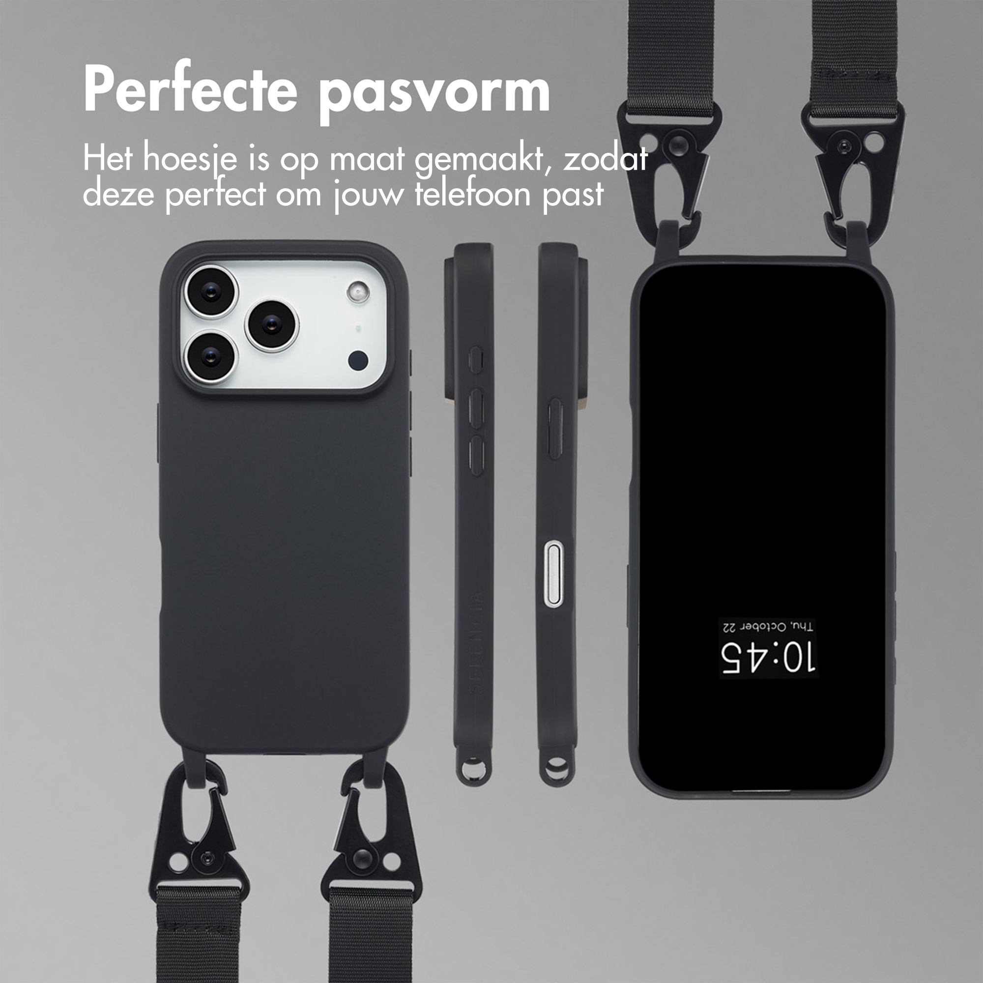 Afbeelding toont een telefoonhoesje met een bandje, drie aanzichten. Telefoonscherm toont tijd en datum. Tekst luidt 'Perfecte pasvorm'.