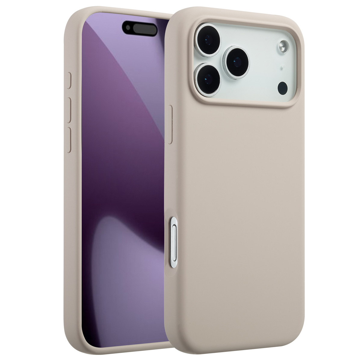 Twee beige telefoonhoesjes, één bedekt gedeeltelijk een paars scherm. De hoesjes hebben camera-uitsparingen en knoppen.
