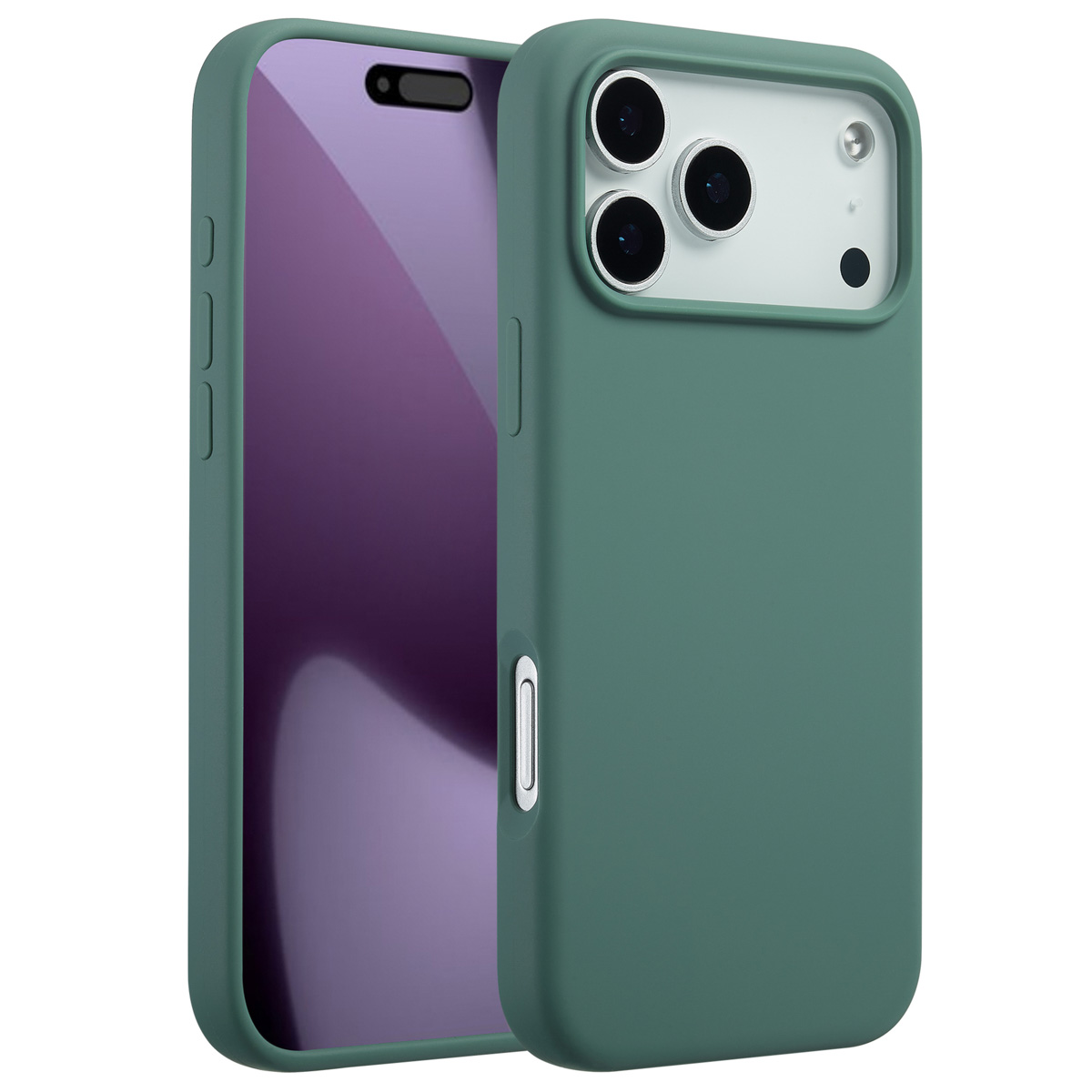 Een groene telefoonhoes met een paars scherm. De hoes heeft uitsparingen voor de camera en knopafdekkingen. De achtergrond is wit.