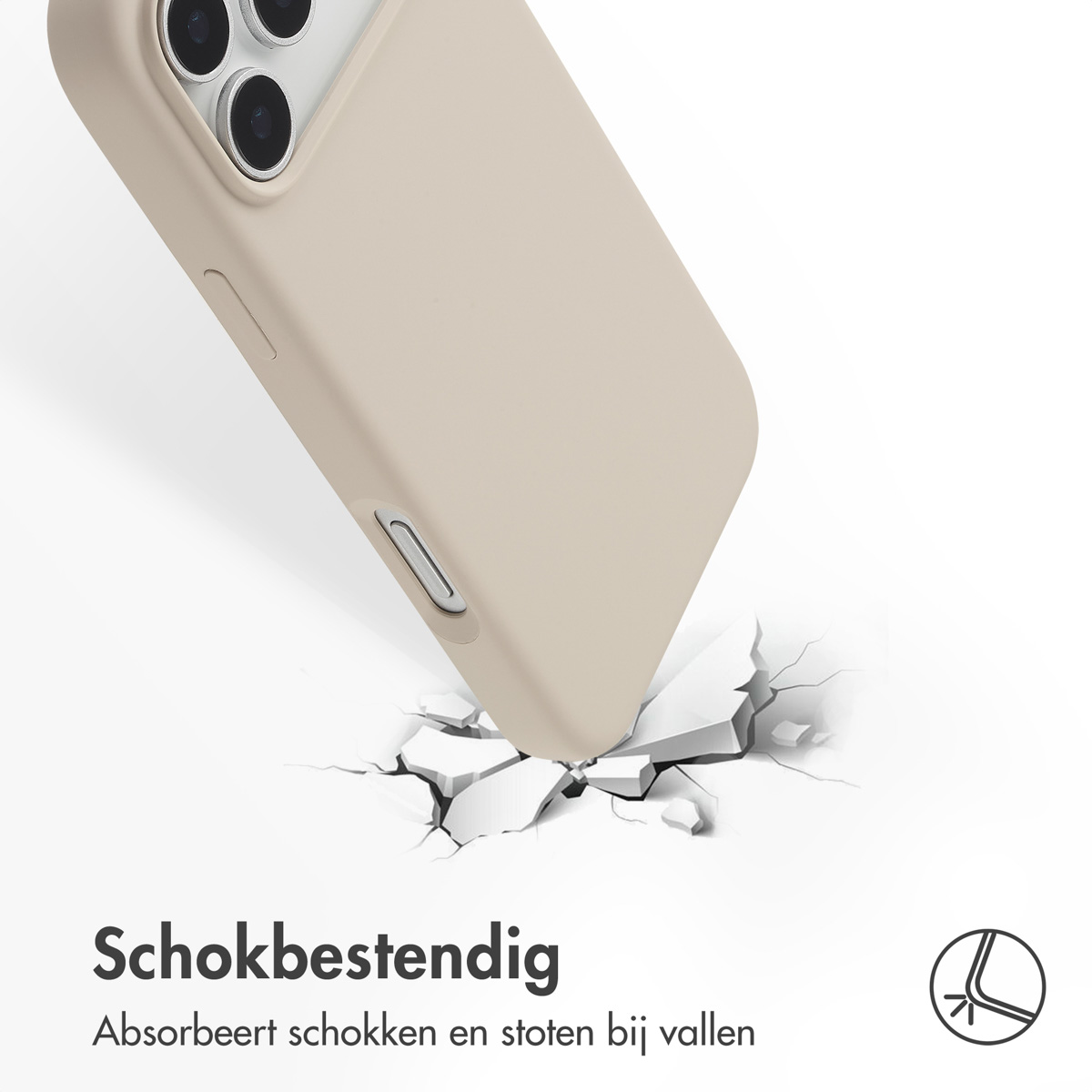 Een telefoonhoes valt op een oppervlak en barst. De hoes is lichtbeige, de achtergrond is wit en de tekst is 'Schokbestendig'.