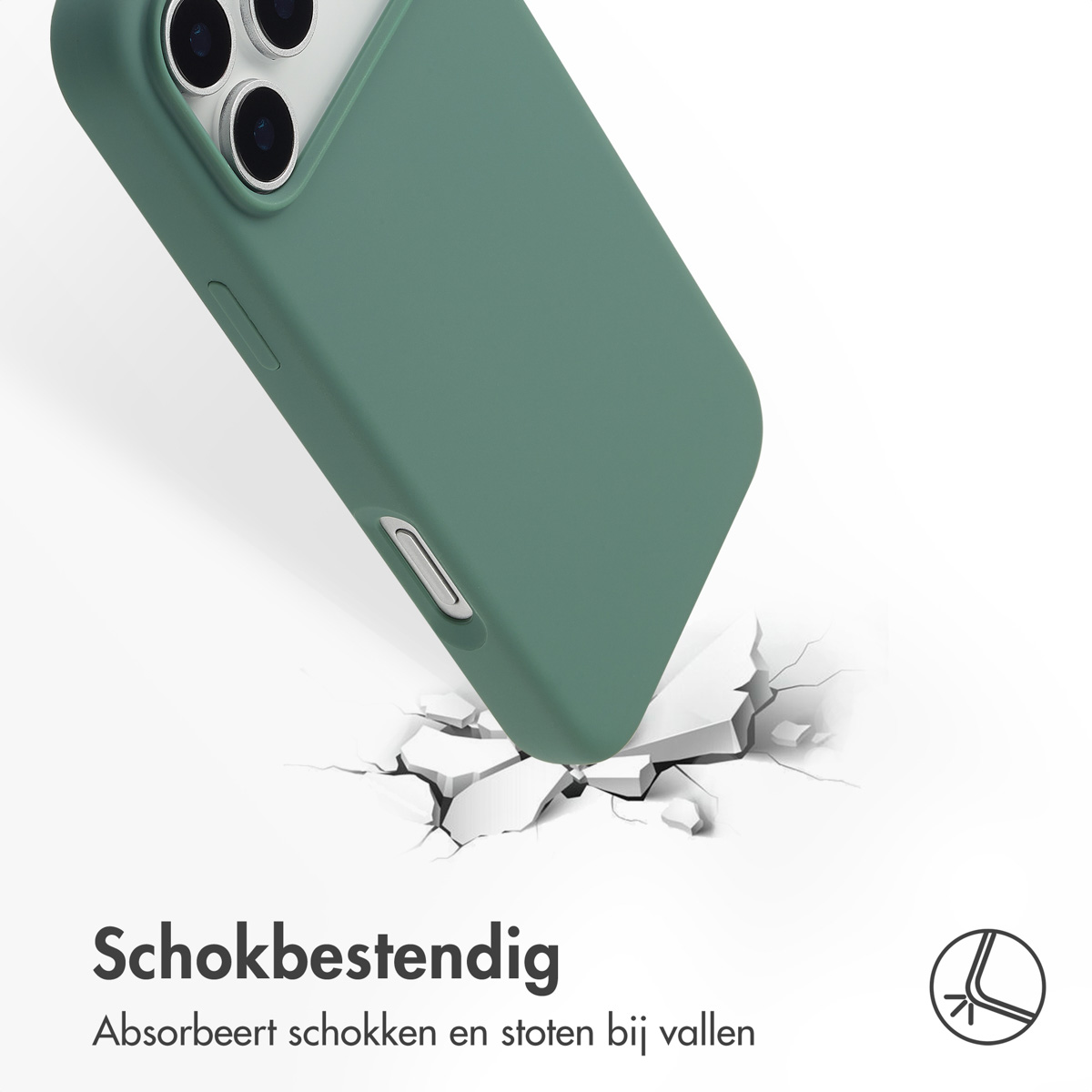 Groene telefoonhoes die een oppervlak raakt en het doet barsten. De hoes is naar beneden gekanteld, wat schokbestendigheid aangeeft.