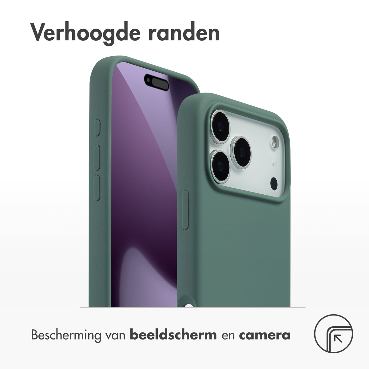 Twee blauwgroene telefoonhoesjes op wit. Eén met paars scherm. Tekst: Verhoogde randen, Bescherming van beeldscherm en camera.