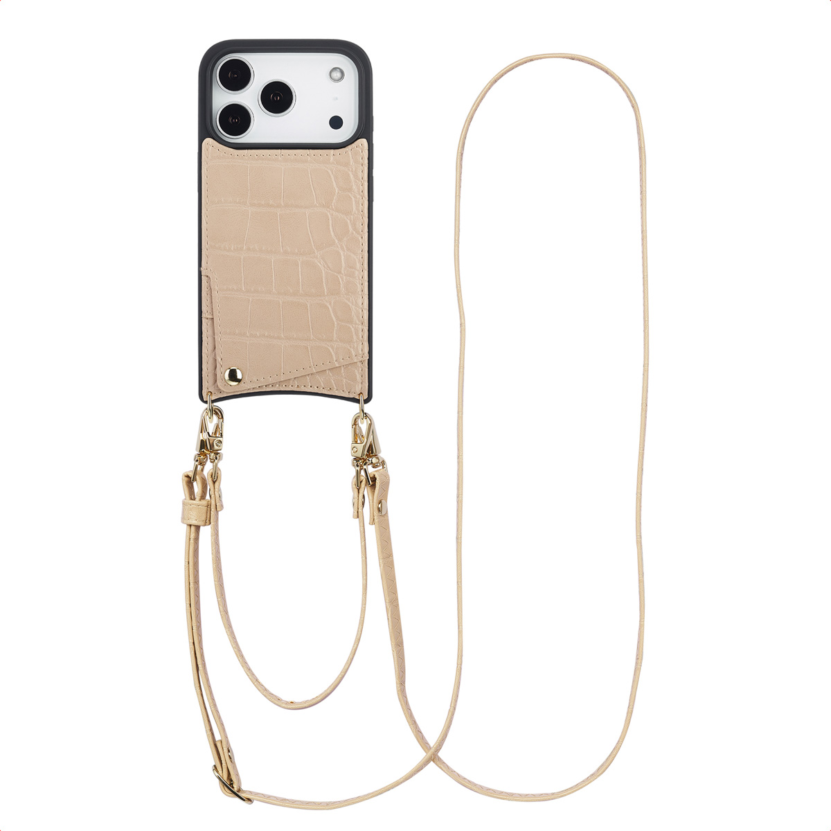 Een beige telefoonhoesje met een portemonnee-ontwerp en een gouden bandje. Het heeft een zwart frame en een krokodillenleertextuur.