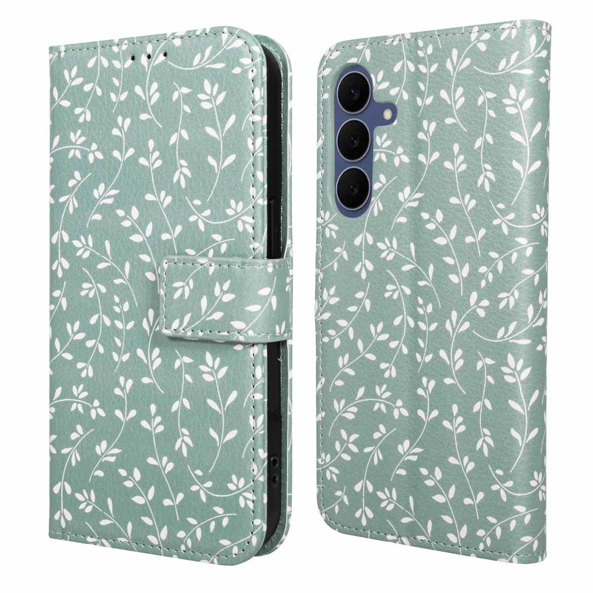 Een telefoonhoesje in twee delen, lichtgroen met wit bladerpatroon. De voorkant heeft een sluiting, de achterkant drie camera's.