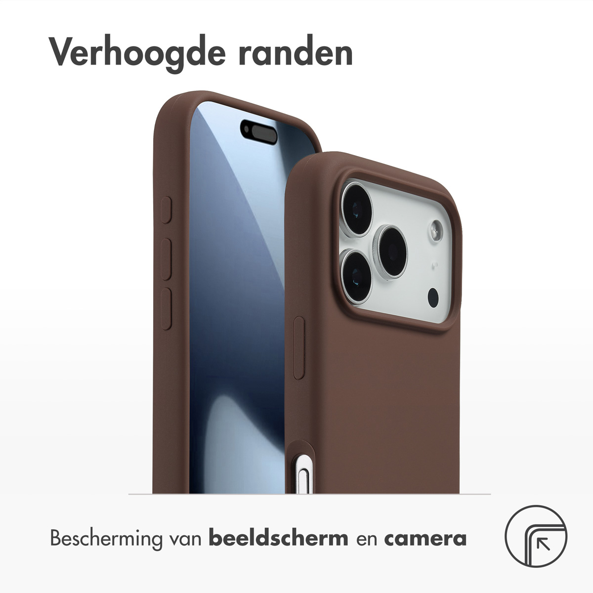Deux coques de téléphone marron protègent un téléphone. Le texte dit 'Verhoogde randen' et 'Bescherming van beeldscherm en camera'.