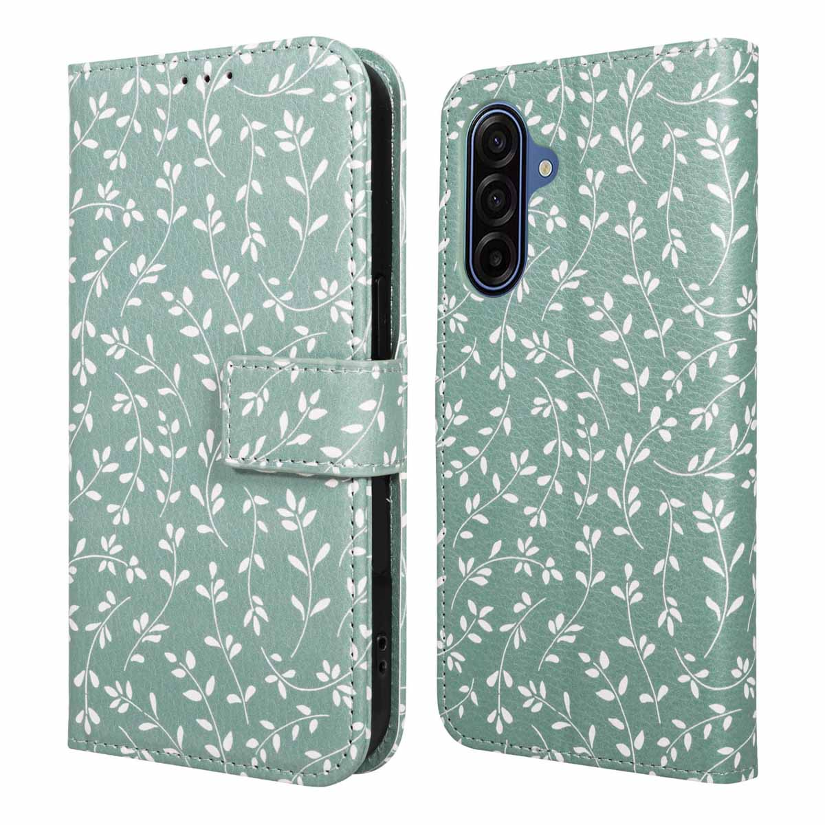 Een teal telefoonhoesje met een wit bladerpatroon. Het is open en onthult de camera van de telefoon.