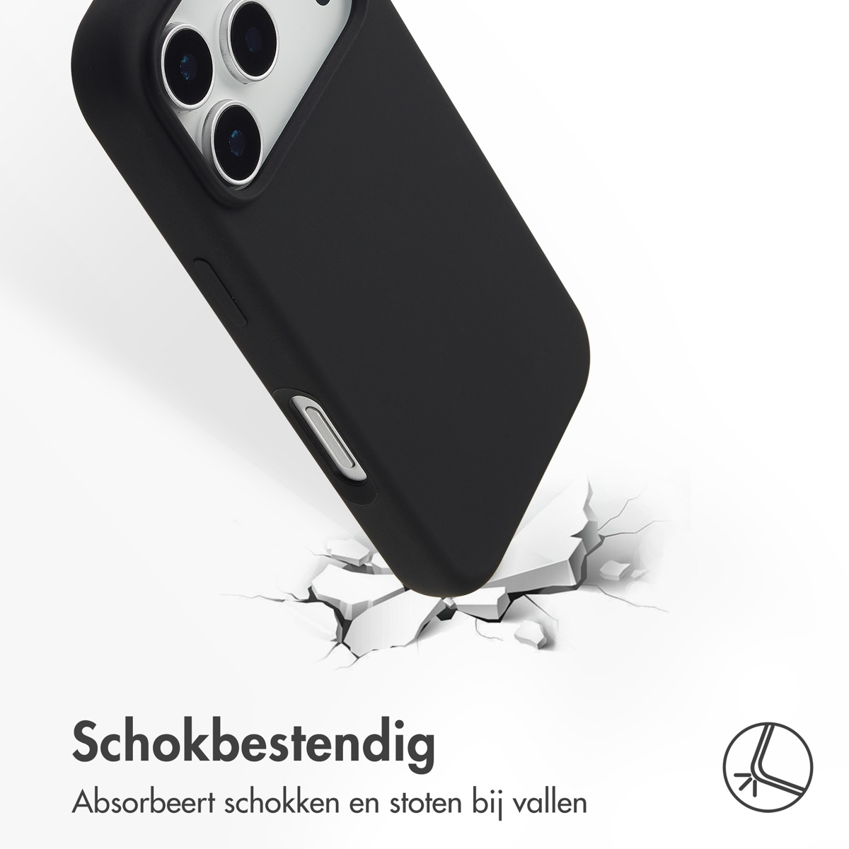 Zwarte telefoonhoes op witte ondergrond, eronder gebarsten. De hoes beschermt de telefoon. Tekst: 'schokbestendig'.