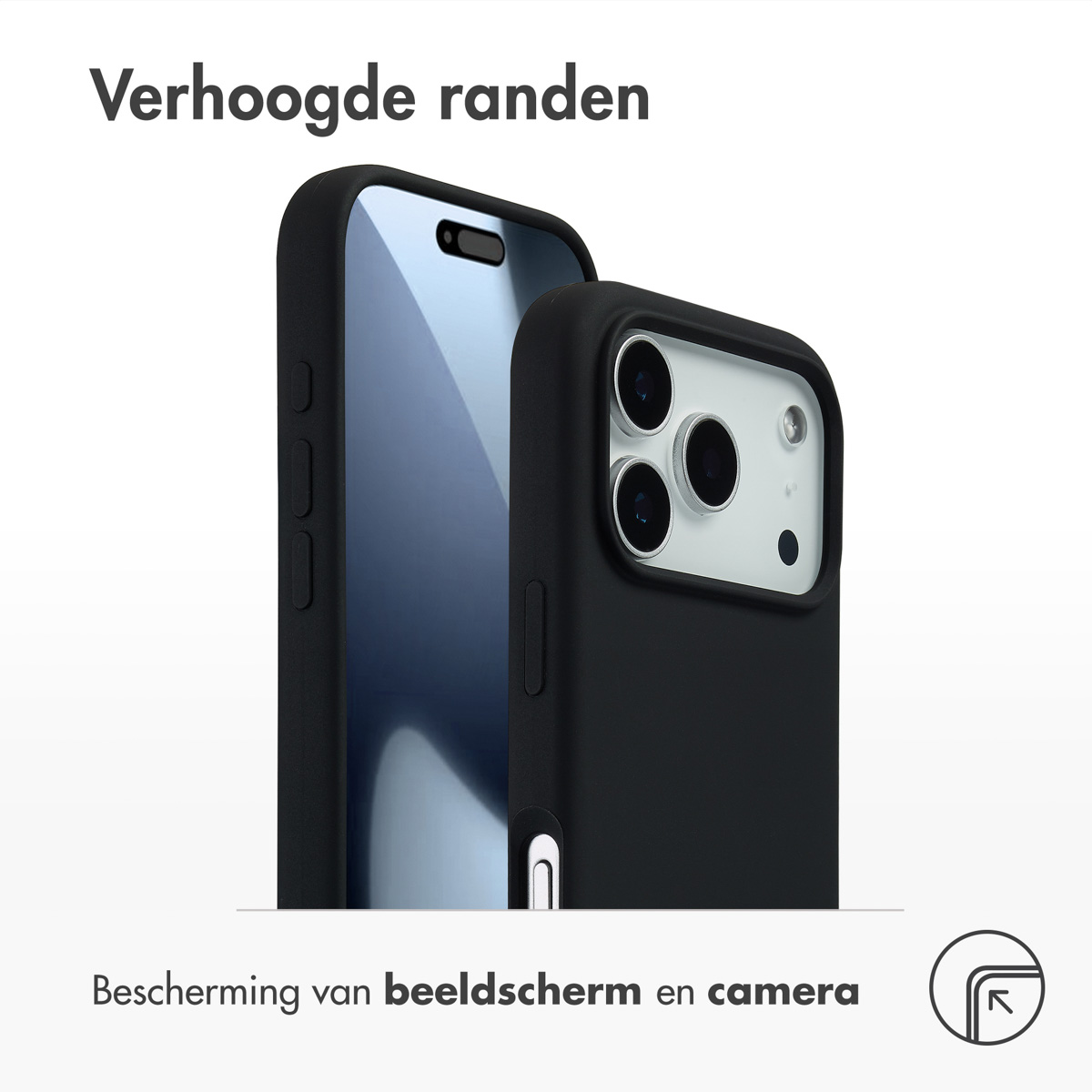 Twee zwarte telefoonhoesjes, een met een telefoon erin. Tekst zegt 'Verhoogde randen' en 'Scherm- en camerabescherming'.