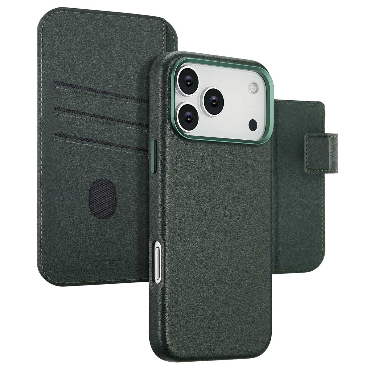 Une coque de téléphone verte avec un design portefeuille. Elle montre le téléphone, le portefeuille et les caractéristiques de la coque. La coque est en cuir.