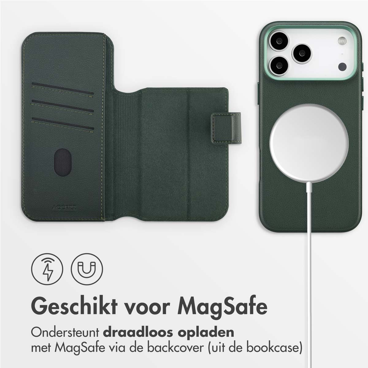 Coque de téléphone verte et étui portefeuille ouvert. Un chargeur MagSafe blanc est connecté au téléphone. Texte : Geschikt voor MagSafe.