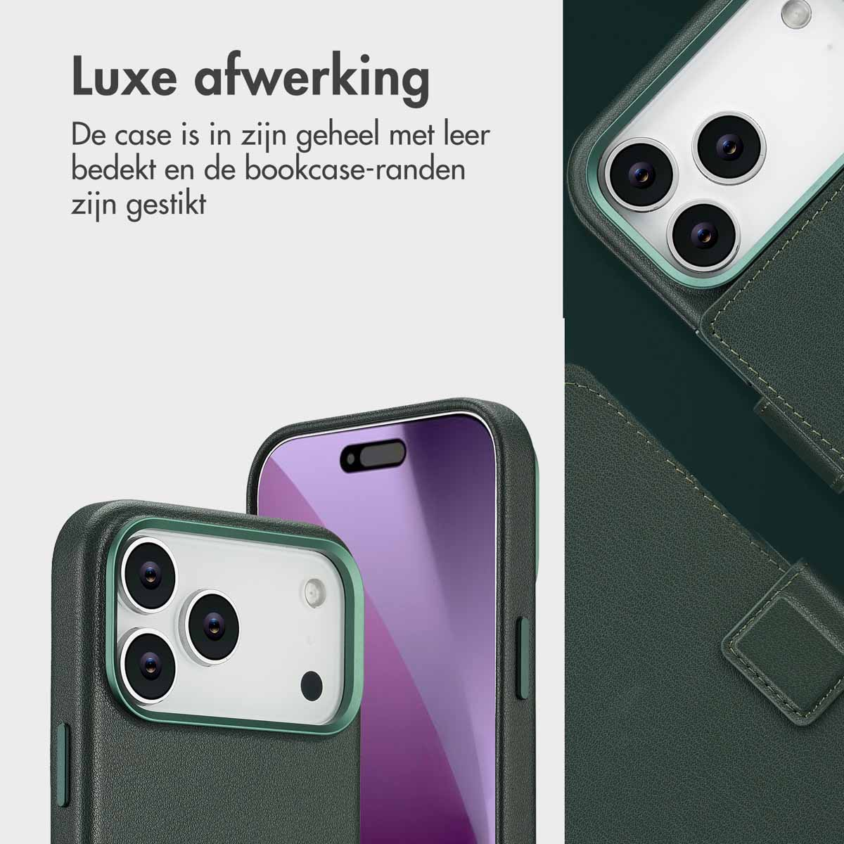 Gros plan sur un étui de téléphone en cuir vert. Le téléphone possède trois caméras et un écran violet. L'étui est cousu.