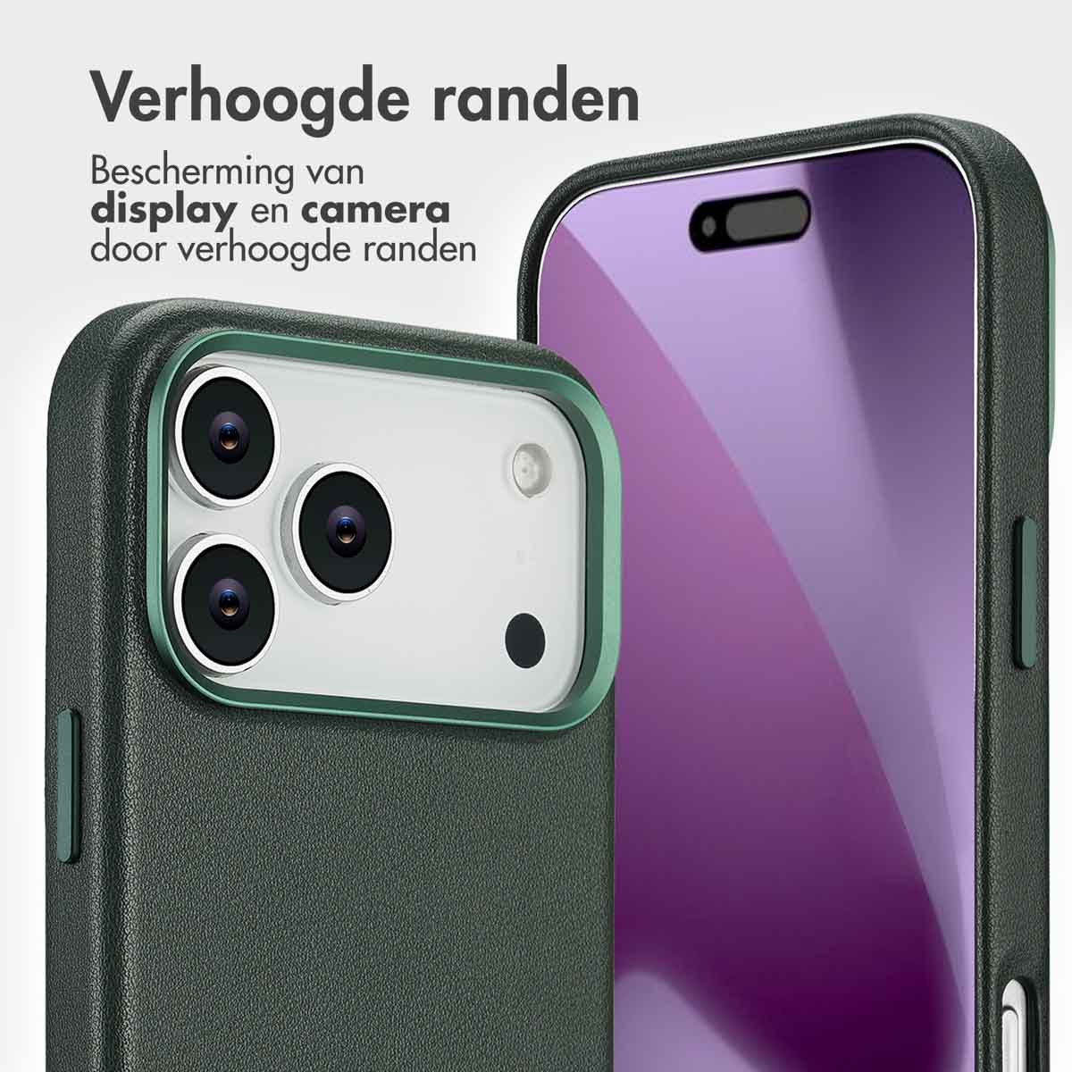 Coque de téléphone vert foncé avec lentilles de caméra et protection d'écran violette. Texte : Verhoogde randen (Bords surélevés).