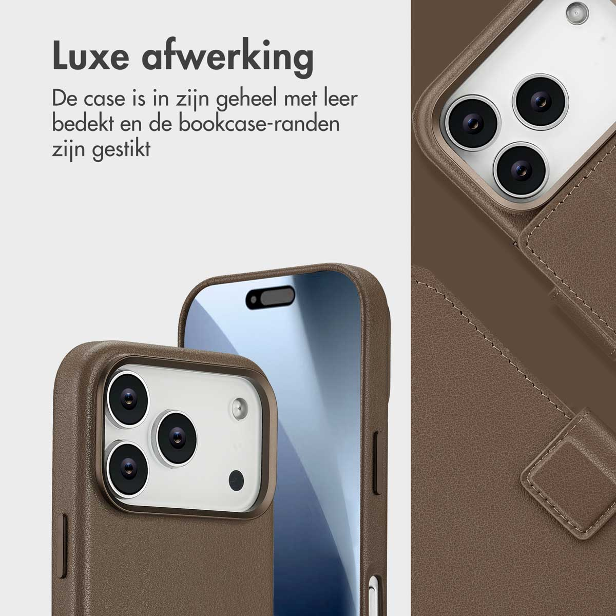 Bruine telefoonhoesjes, één open, met cameralenzen. De hoesjes hebben gestikte randen en lijken van leer te zijn.