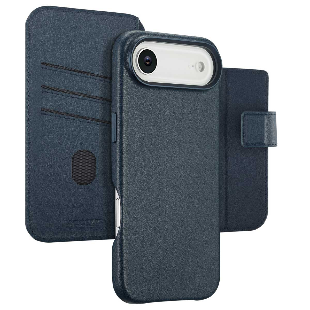 Una custodia blu per telefono con funzione portafoglio. La custodia è aperta, mostrando il telefono e la parte portafoglio con fessure per carte.