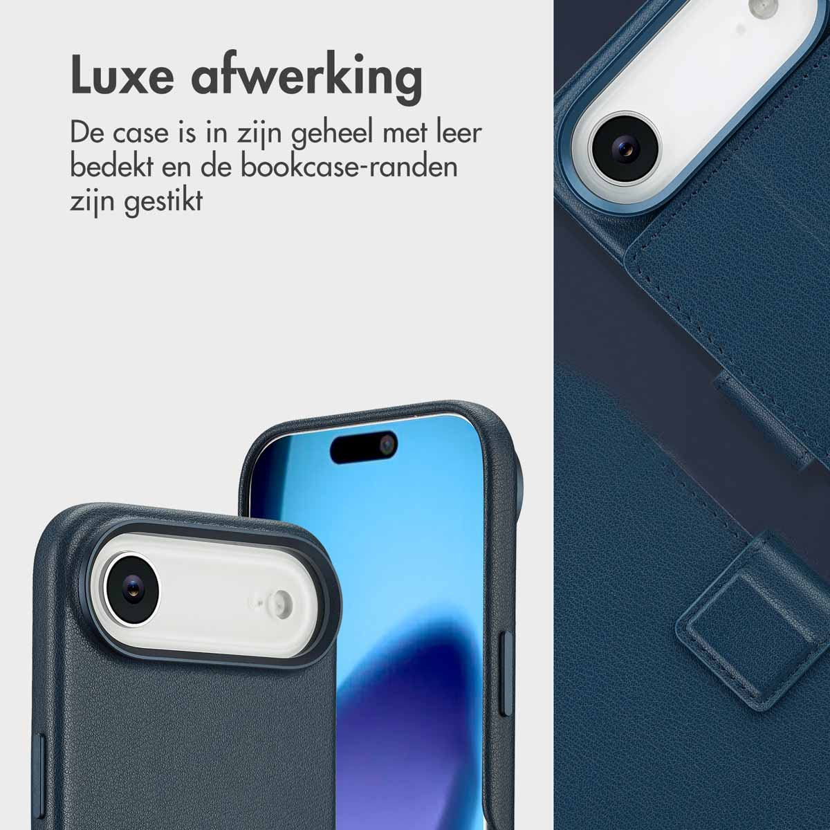 Primo piano di una custodia per telefono con fotocamera, che mostra la trama della pelle e i dettagli delle cuciture. Colore blu navy.