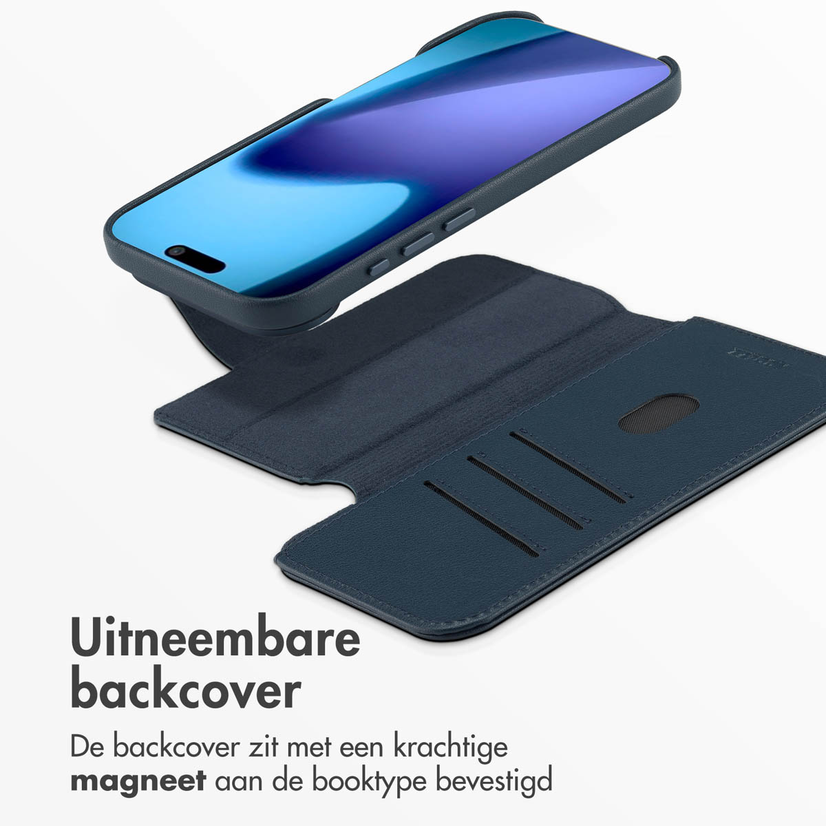 Una custodia blu per smartphone, con telefono dentro. La custodia è aperta, mostrando l'interno. Il testo recita: 'Coperchio posteriore rimovibile'.