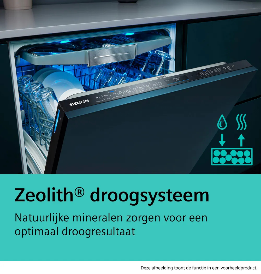 Una lavastoviglie aperta mostra bicchieri e piatti. Il testo recita 'Zeolith droogsysteem'. Un diagramma mostra l'acqua in vapore.