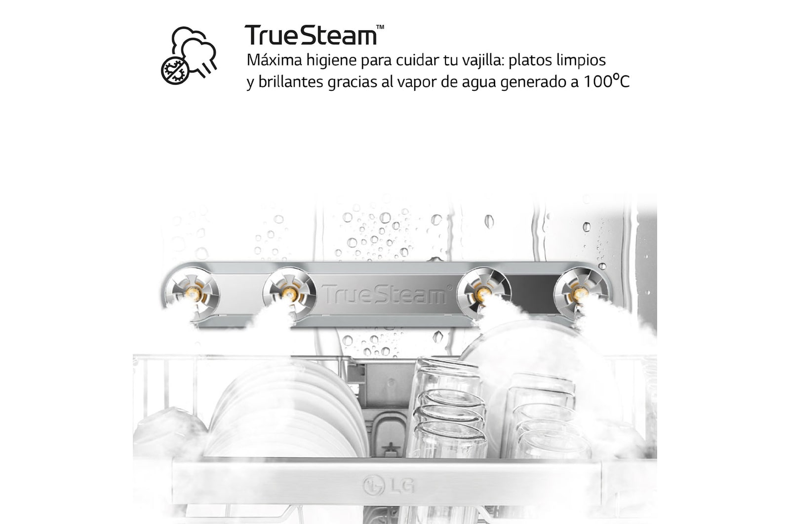 Wnętrze zmywarki z technologią TrueSteam. Para czyści naczynia i szklanki. Logo LG na dole.