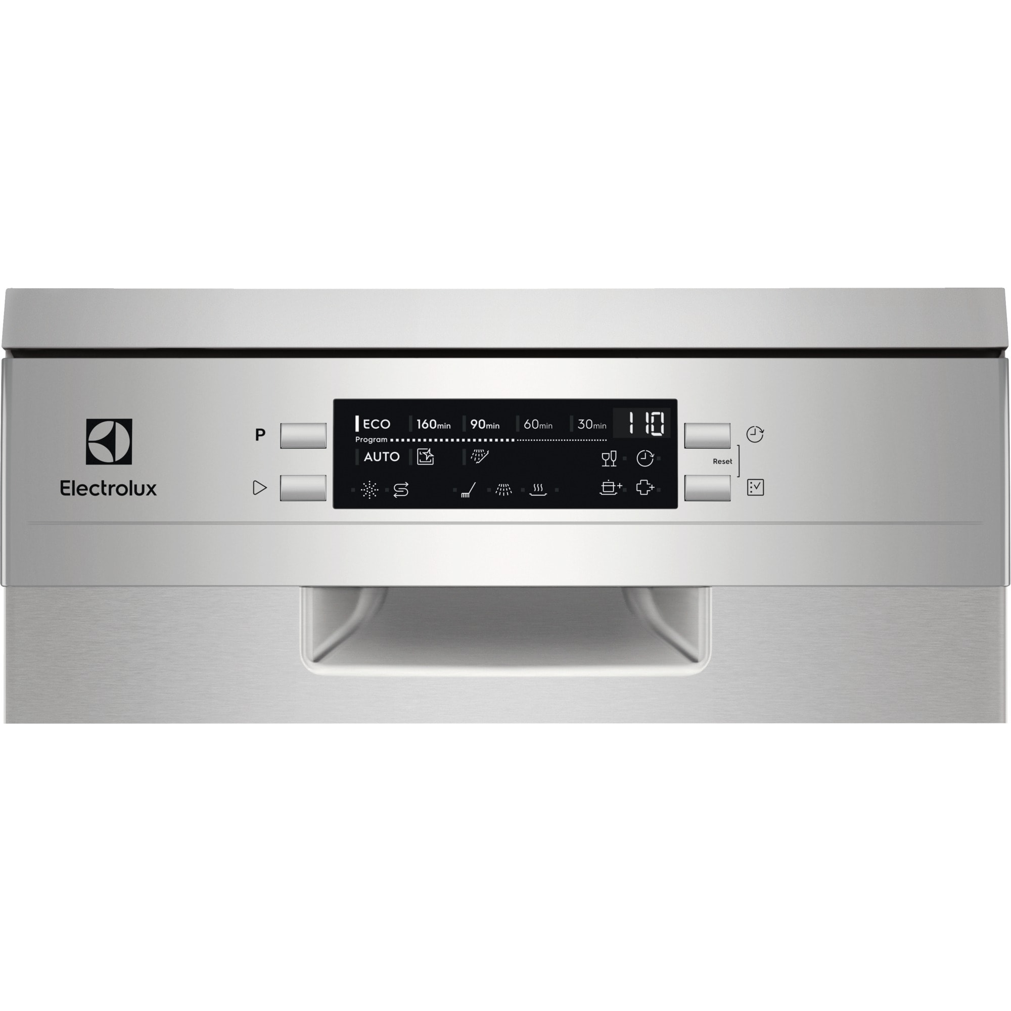 Un lavavajillas Electrolux de acero inoxidable. Tiene un panel de control con botones, una pantalla y una manija.