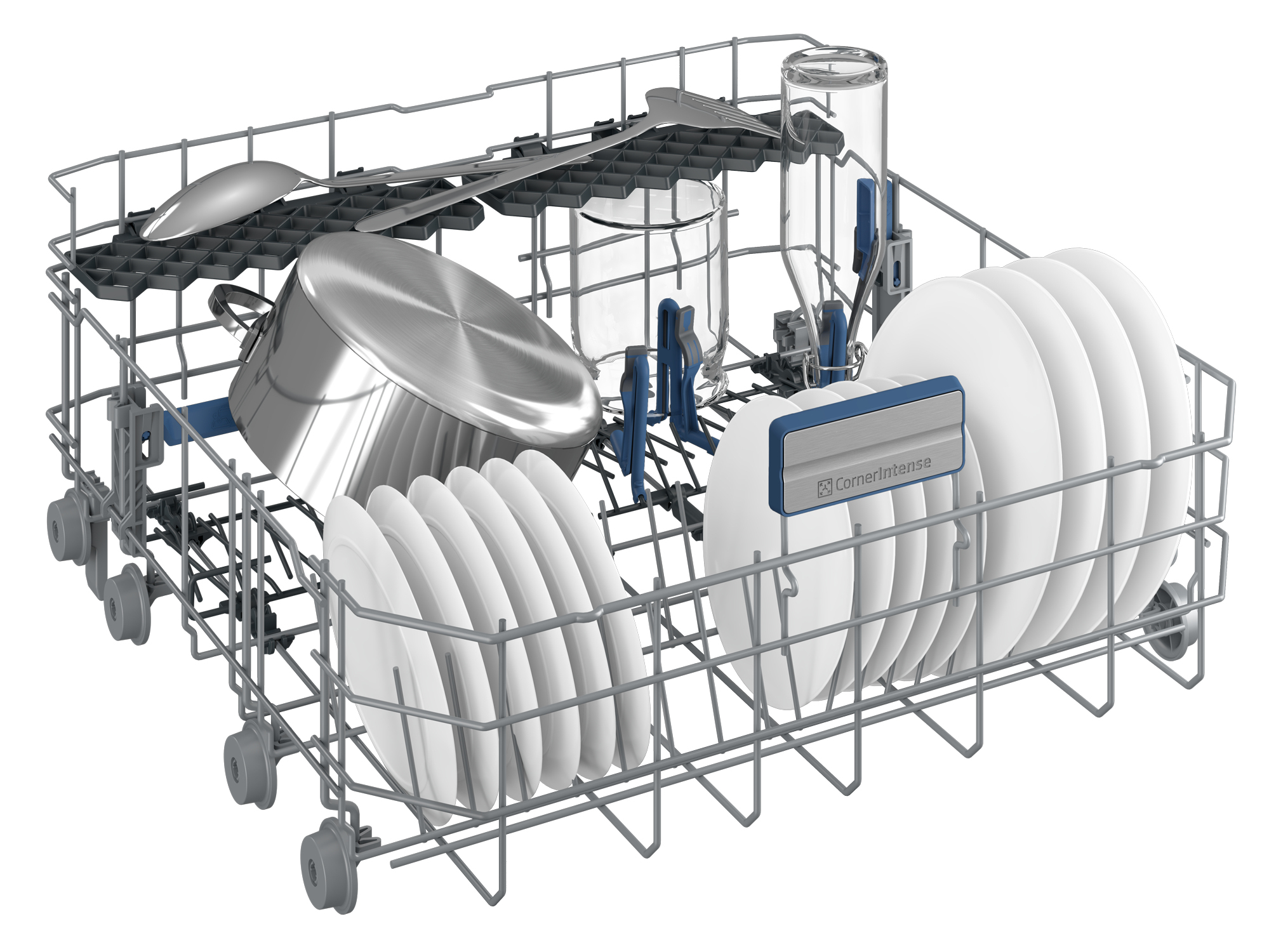 Wnętrze zmywarki z naczyniami, szklankami, sztućcami i garnkiem. Naczynia są białe, a sztućce odbijające światło.