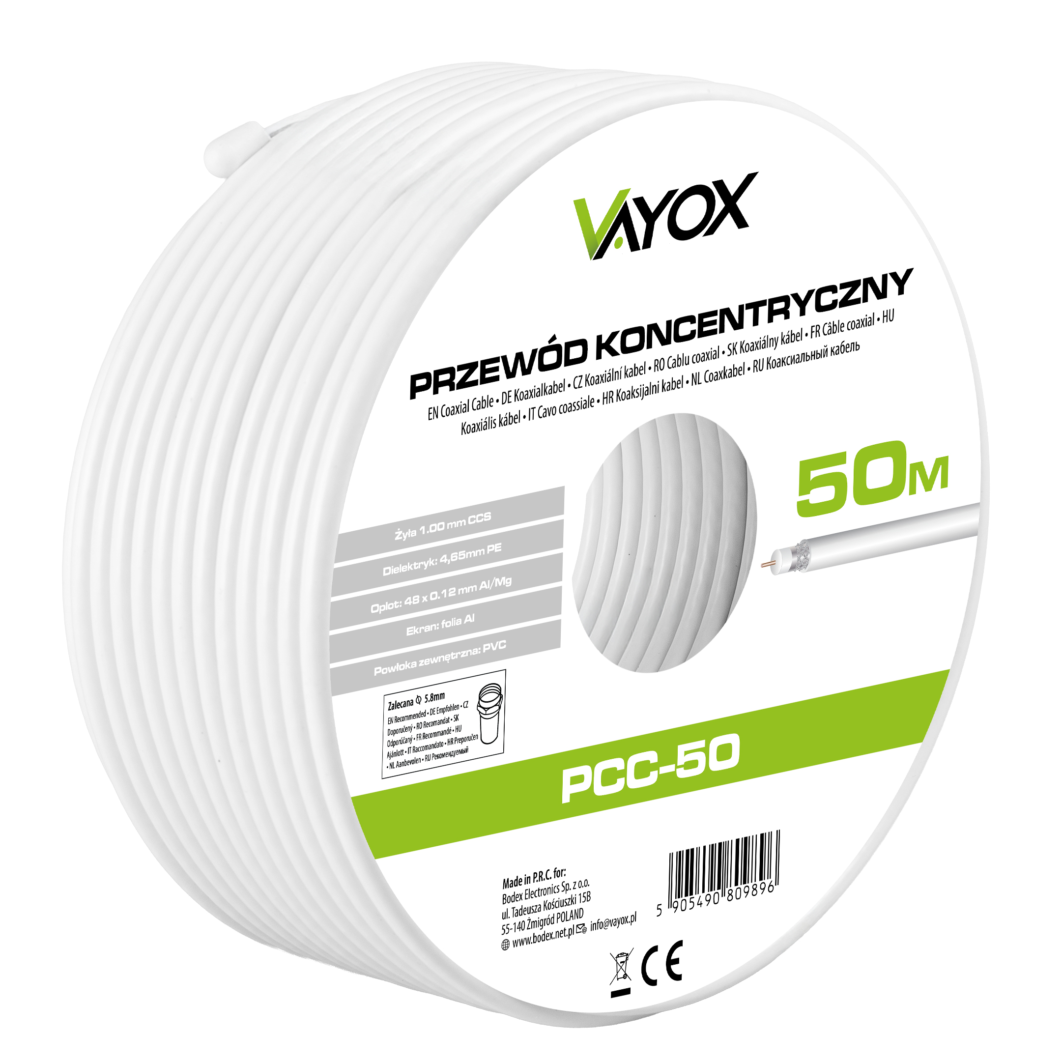 Biała szpula kabla koncentrycznego z tekstem i specyfikacjami. Tekst zawiera 'VAYOX' i 'PCC-50'.