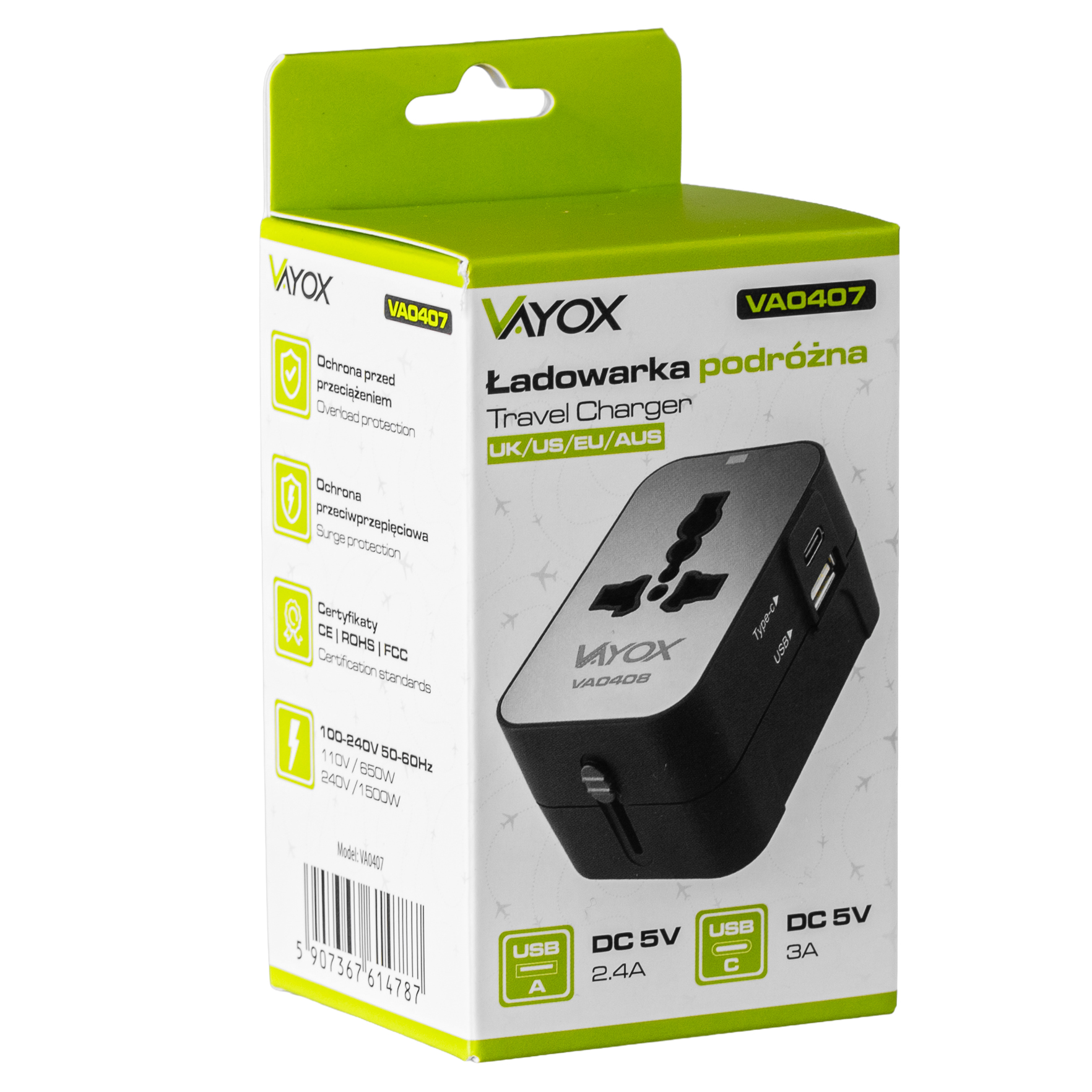 Pudełko ładowarki podróżnej z czarną ładowarką oraz różnymi opisami tekstowymi w języku angielskim i polskim, z zielonym wierzchem.
