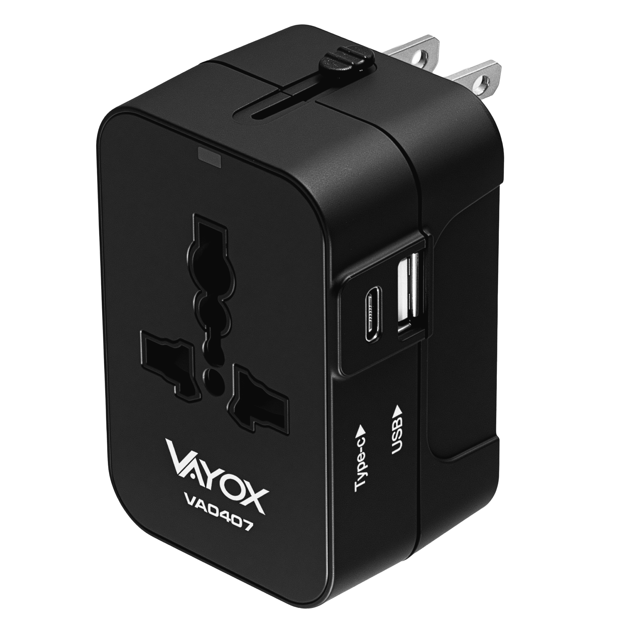 Czarny adapter podróżny Vayox z wieloma typami wtyczek, portami USB i Type-C. Posiada logo Vayox i VAD407.