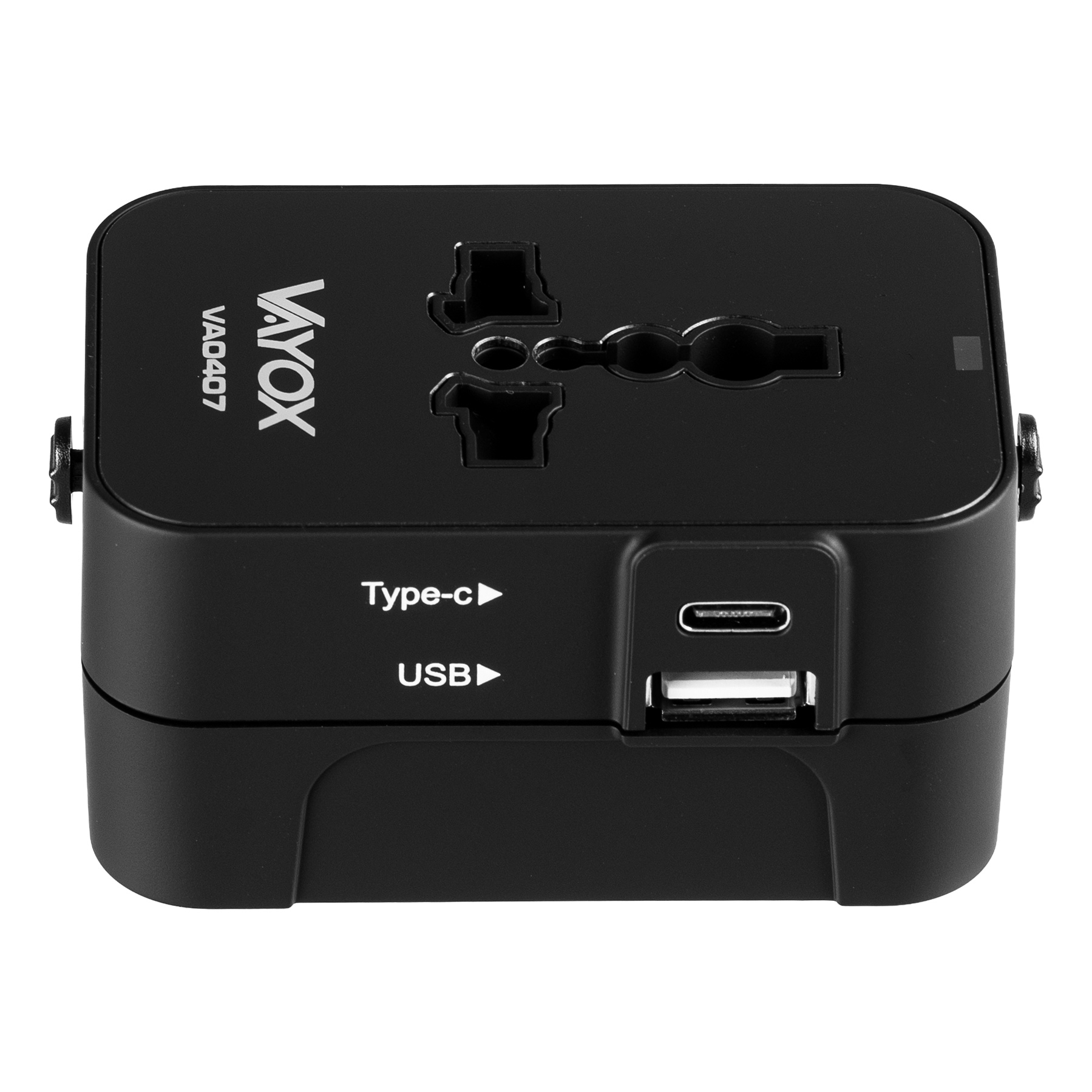 Czarny adapter Vayox z wieloma typami wtyczek, portami Type-C i USB. Widoczny tekst 'VAYOX' i 'VA0407'.