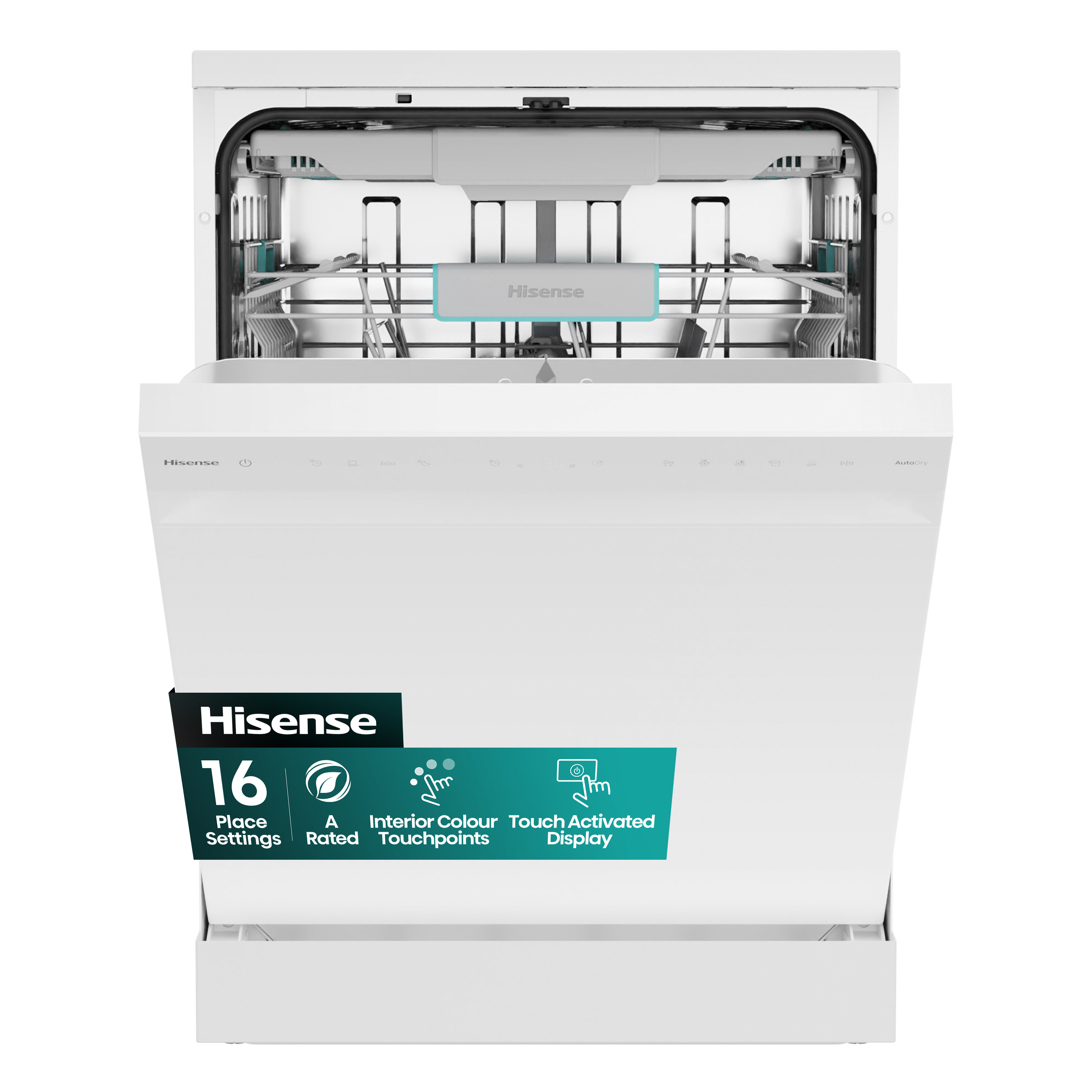 Un lavavajillas Hisense blanco con la puerta abierta. Incluye 16 cubiertos, puntos táctiles de color interior y pantalla táctil.