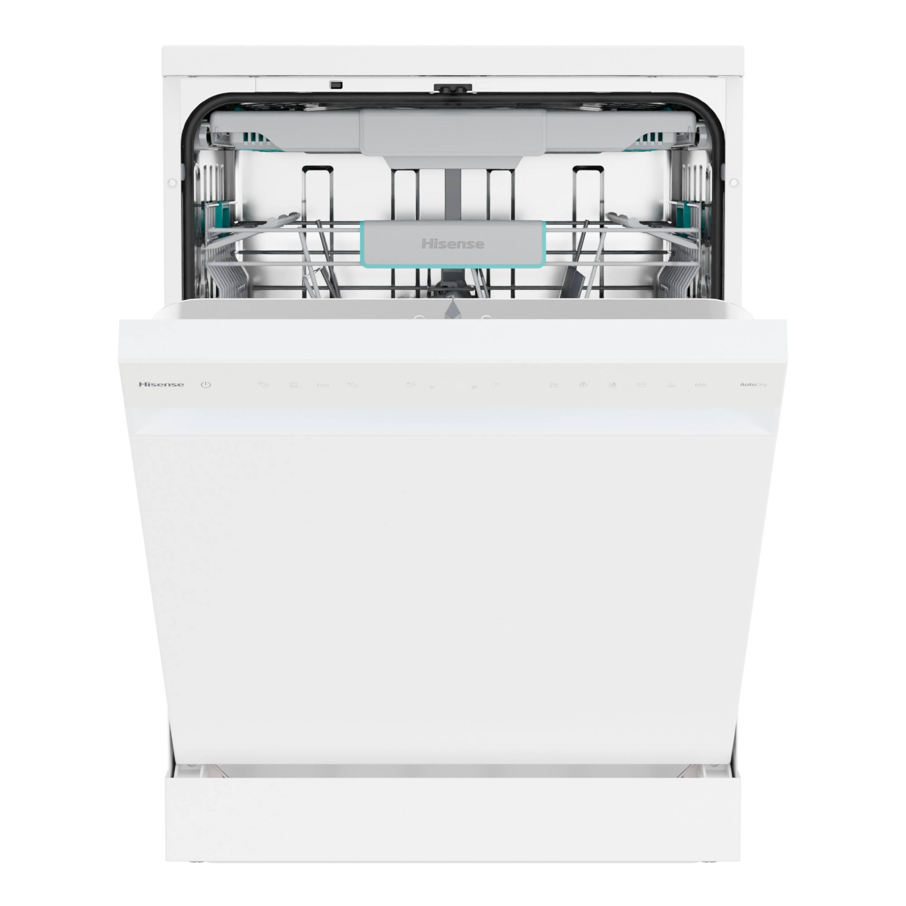 Lavavajillas Hisense blanco con la puerta abierta. Se ven las rejillas interiores. Panel de control abajo.