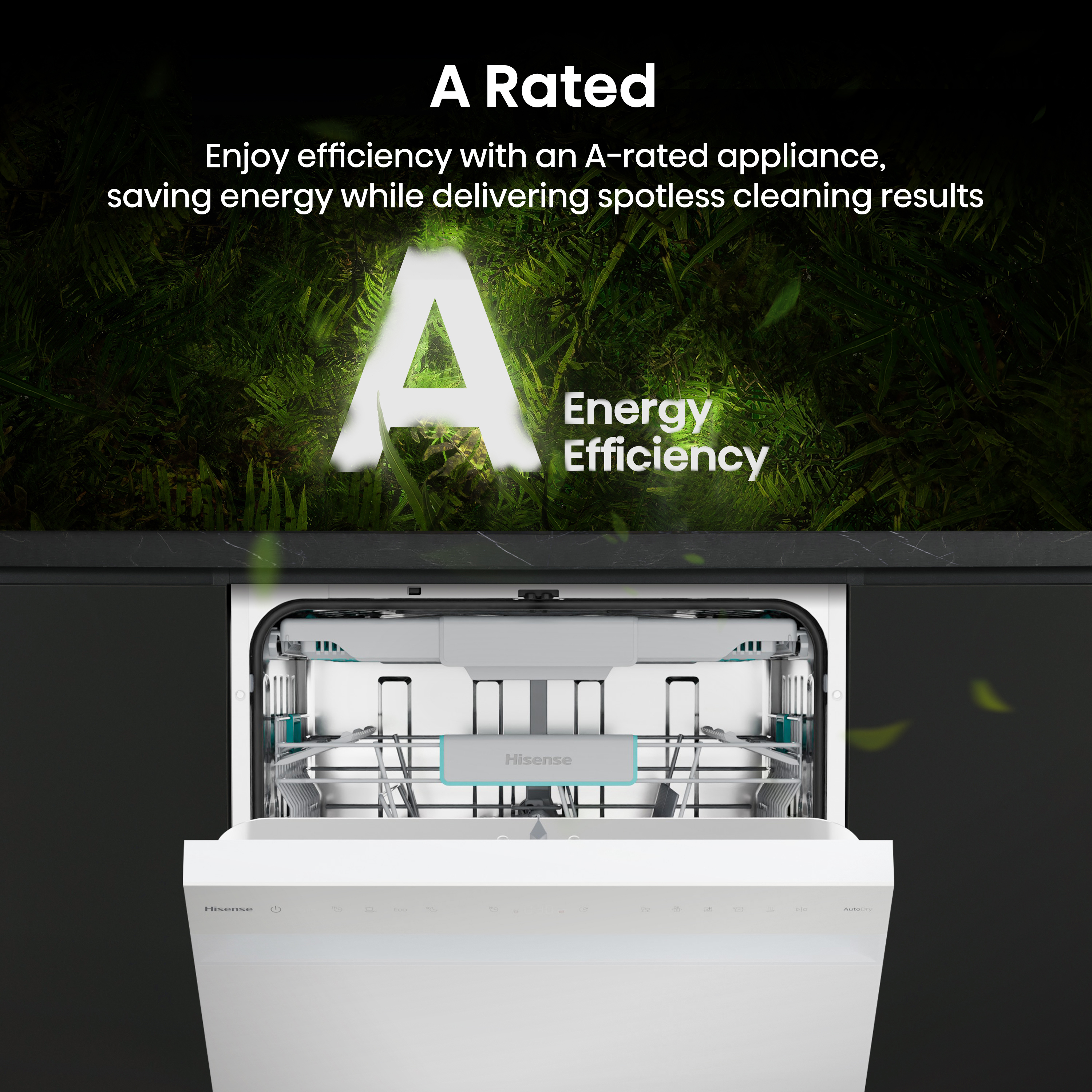 Un lavavajillas abierto con el texto "A Rated" y "Energy Efficiency". La marca es Hisense.