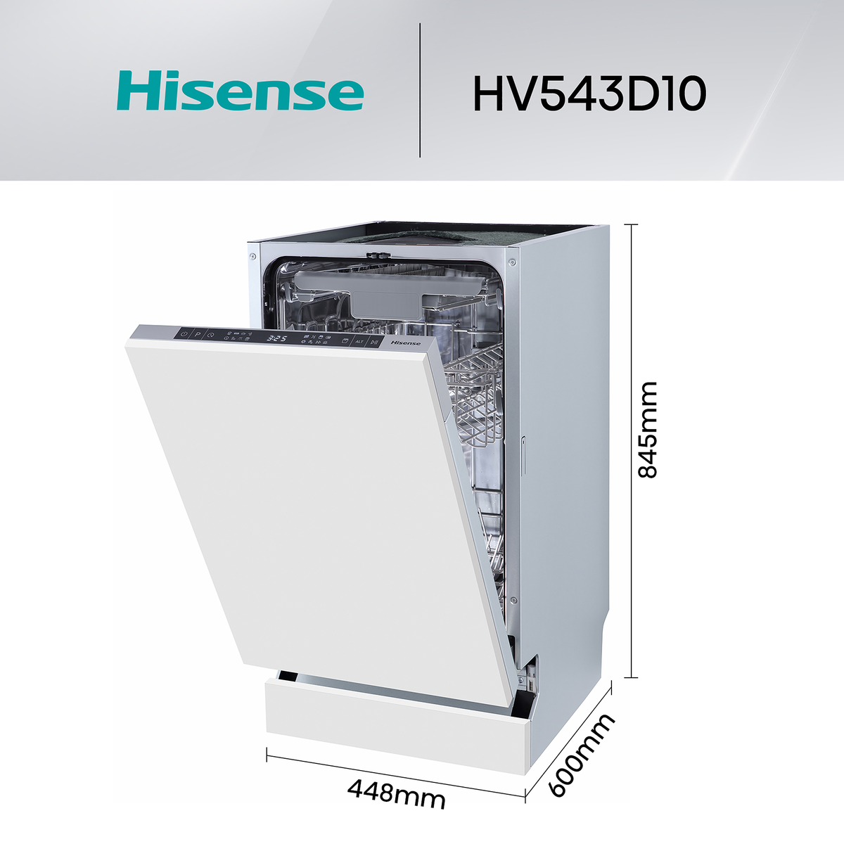 Biała zmywarka Hisense HV543D10 z otwartymi drzwiami. Wymiary: 845 mm wysokości, 600 mm głębokości i 448 mm szerokości.