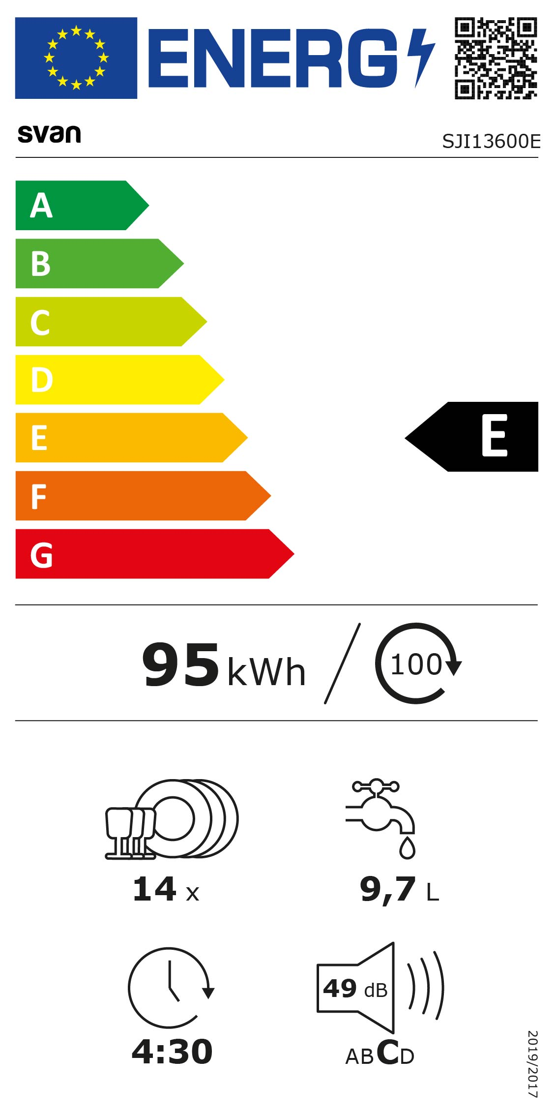Una etiqueta energética. Muestra la eficiencia energética de la A a la G, el consumo de energía 95 kWh, el consumo de agua 9,7L y el nivel de ruido 49 dB.