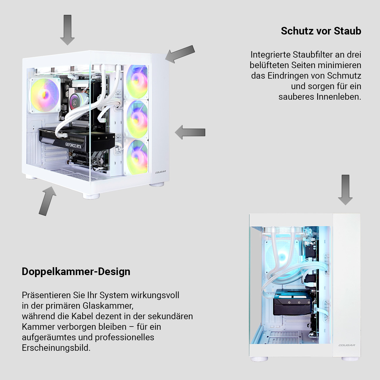 Ein weißes Computergehäuse mit Glasplatten. Es hat bunte Lüfter und interne Komponenten. Das Bild zeigt ein Doppelkammerdesign.