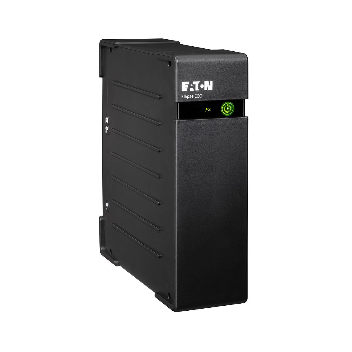 Un SAI Eaton Ellipse ECO negro. El dispositivo tiene un indicador de encendido verde y la palabra 'OK' mostrada.