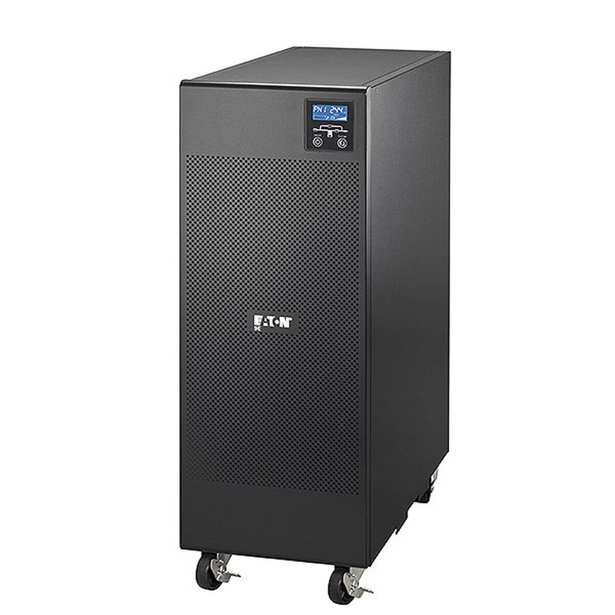 Tekerlekli siyah bir Eaton kesintisiz güç kaynağı. Üstte bir ekran ve Eaton logosu var. Ön tarafında delikli bir metal panel bulunuyor.