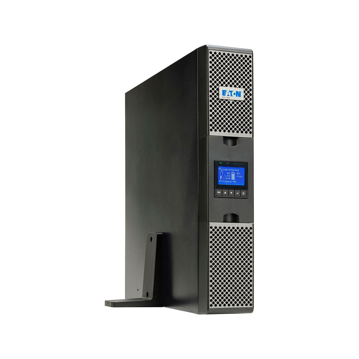 Un sistema UPS Eaton nero con display che mostra stato del carico ed efficienza, su sfondo bianco.