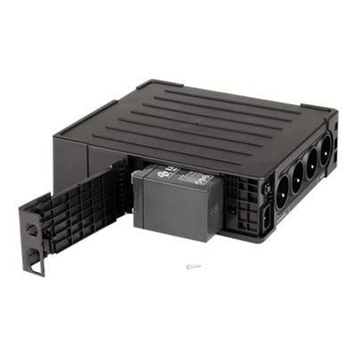 Dispositivo UPS nero con vano batteria aperto. All'interno c'è una batteria. Diverse prese di corrente sono visibili sul lato destro.