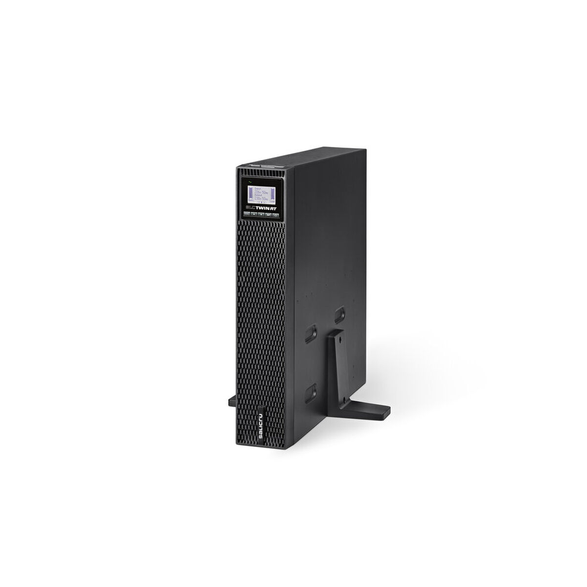 Una torre di server nera su sfondo bianco. La parte anteriore ha un motivo strutturato. La parte superiore ha uno schermo. Un supporto è attaccato sul retro.