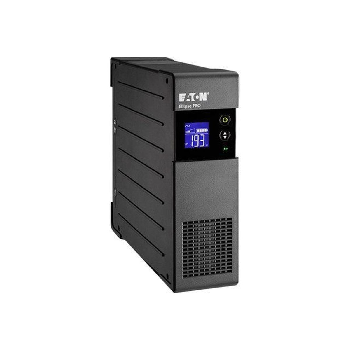 Un gruppo di continuità Eaton Ellipse Pro nero. Ha un display che mostra '193.' e pulsanti. Il fronte ha una griglia. Lo sfondo è bianco.