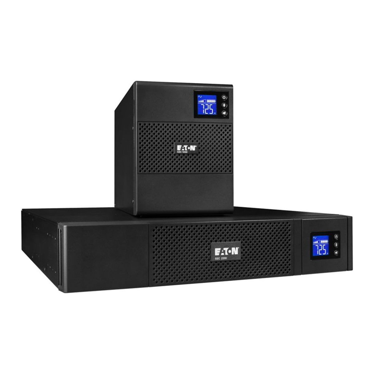 Zwei schwarze Eaton USV-Geräte. Das obere ist vertikal, das untere horizontal. Jedes hat ein digitales Display mit Zahlen.