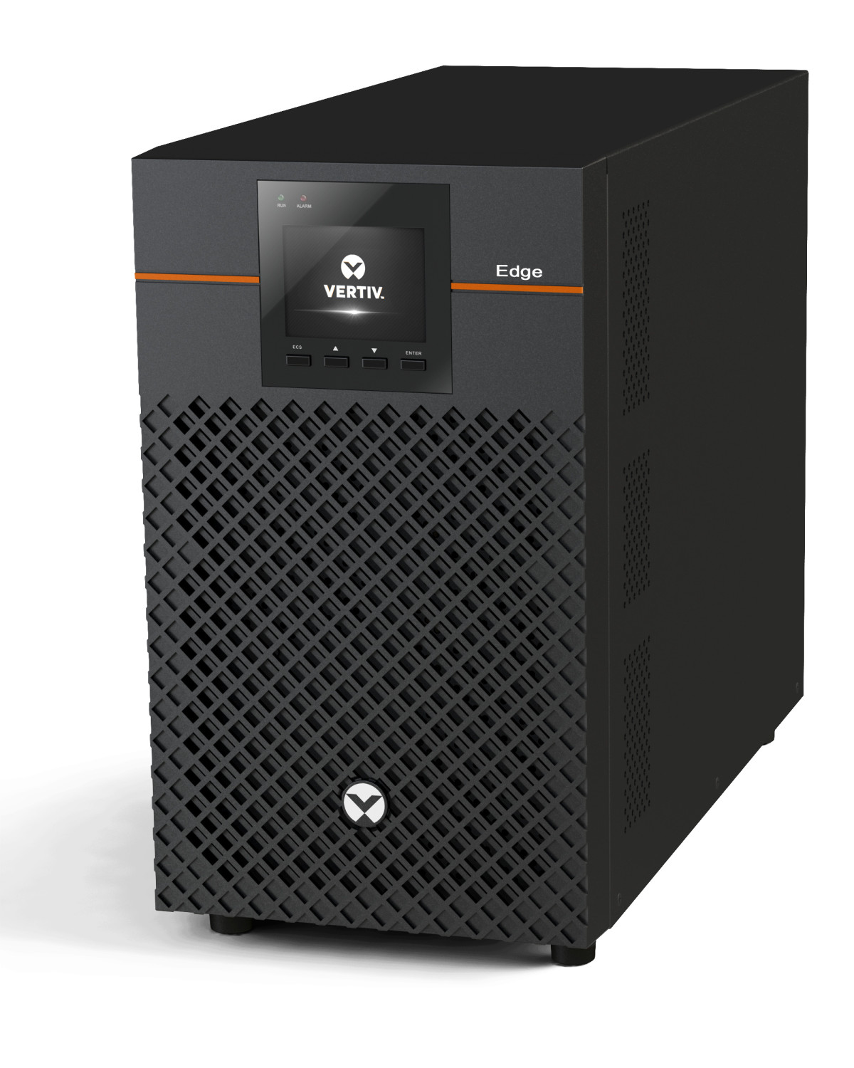 Server Vertiv Edge nero. Ha uno schermo con il logo e strisce arancioni. La parte anteriore presenta un motivo a griglia.